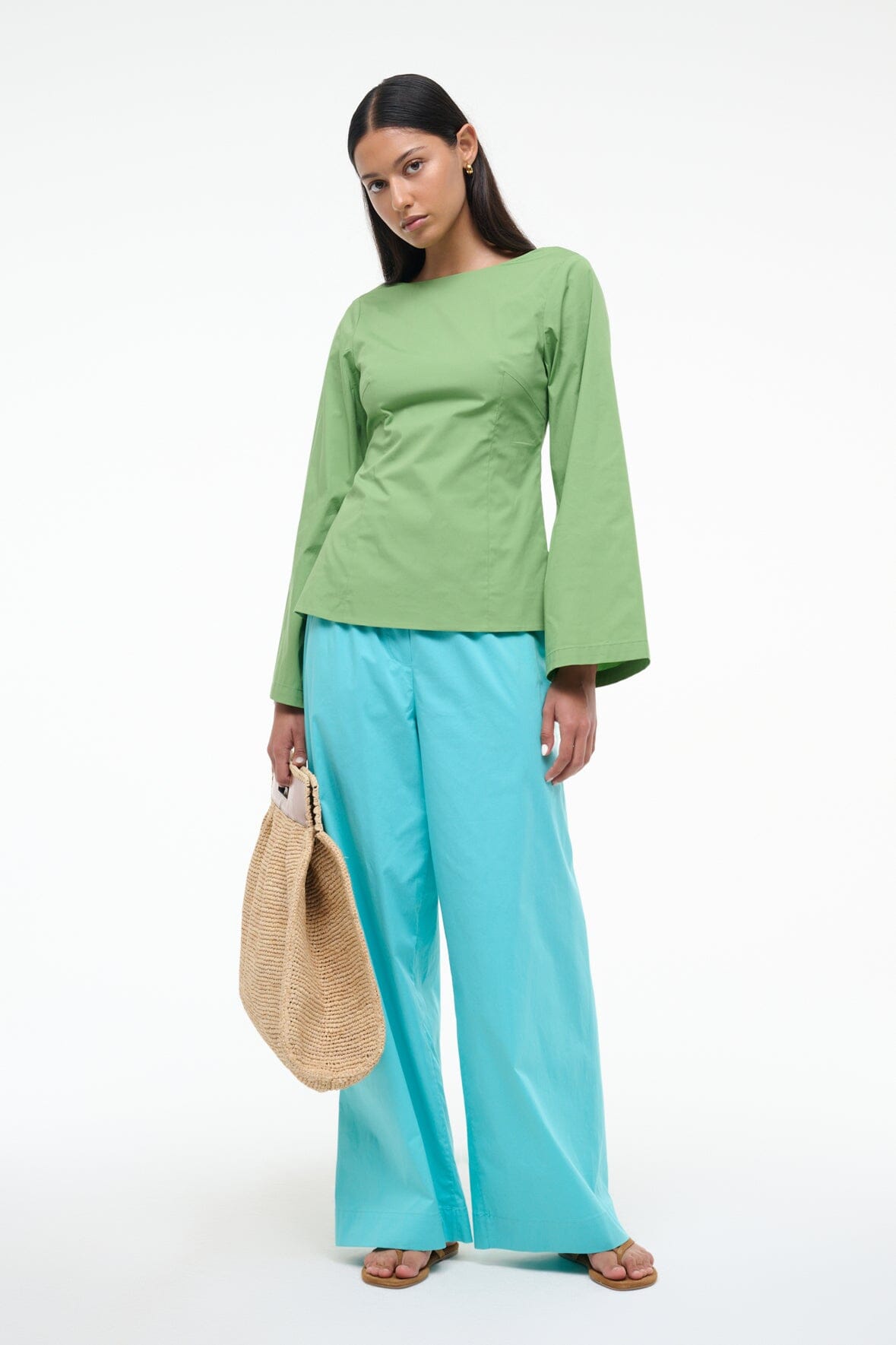 Bonfire Cotton Poplin Wide Leg Pants - Teal Elastic Waist
