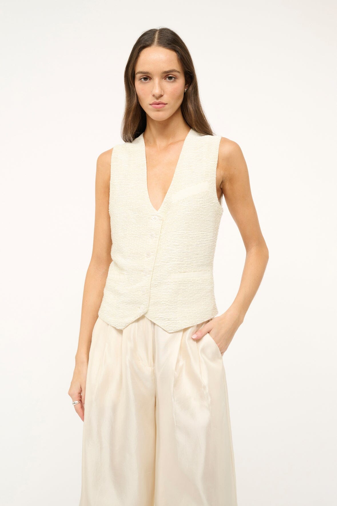 Brett Ivory Beaded Linen Vest with Back Ties