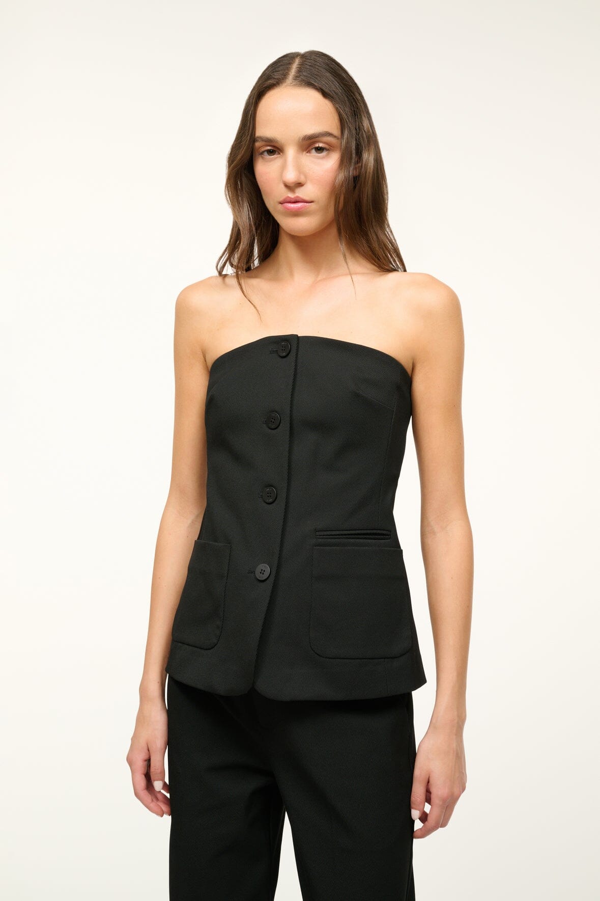 Black Strapless Corset Top with Button Front & Patch Pocket – Brigade