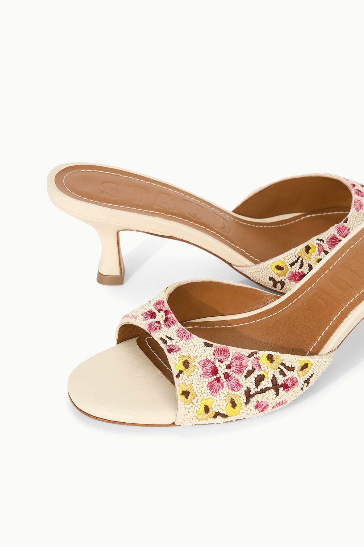 Brigitte Beaded Floral Satin Mule - Open-Toe Kitten Heel
