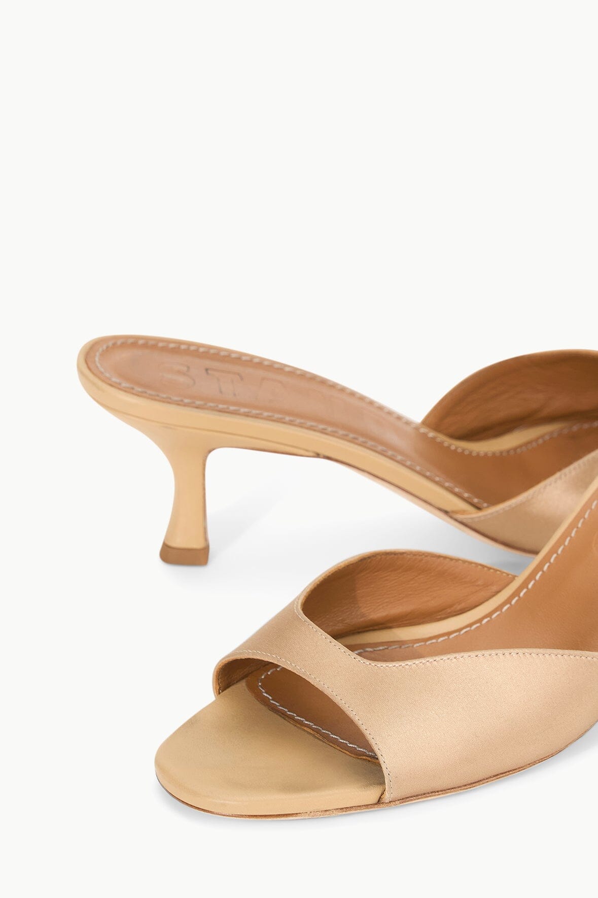 Brigitte Satin Mule Sandals with Kitten Heel | Camel