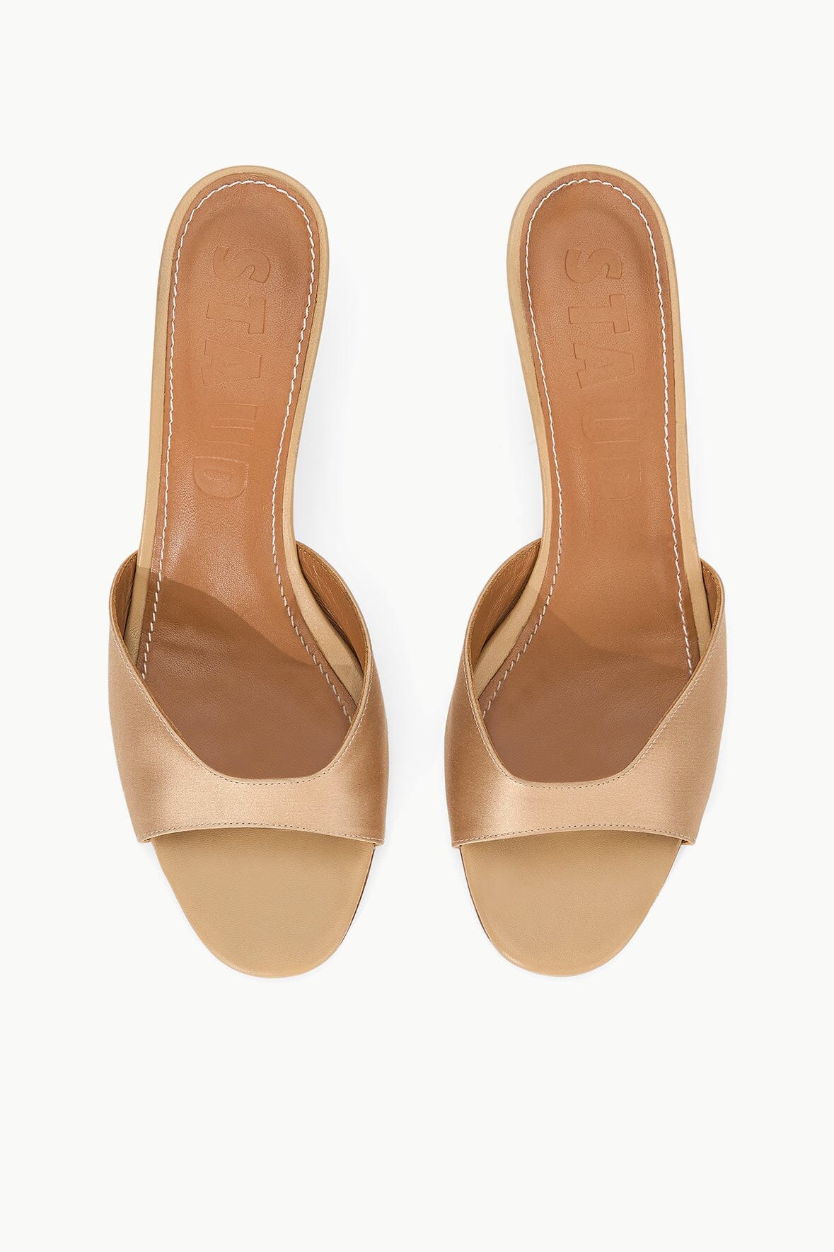 Brigitte Satin Mule Sandals with Kitten Heel | Camel