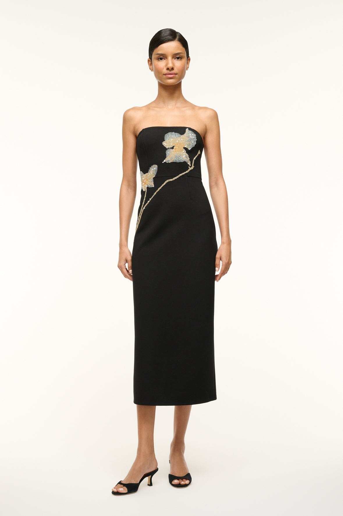 Brooke Strapless Midi Dress with Hand-Beaded Floral Detail