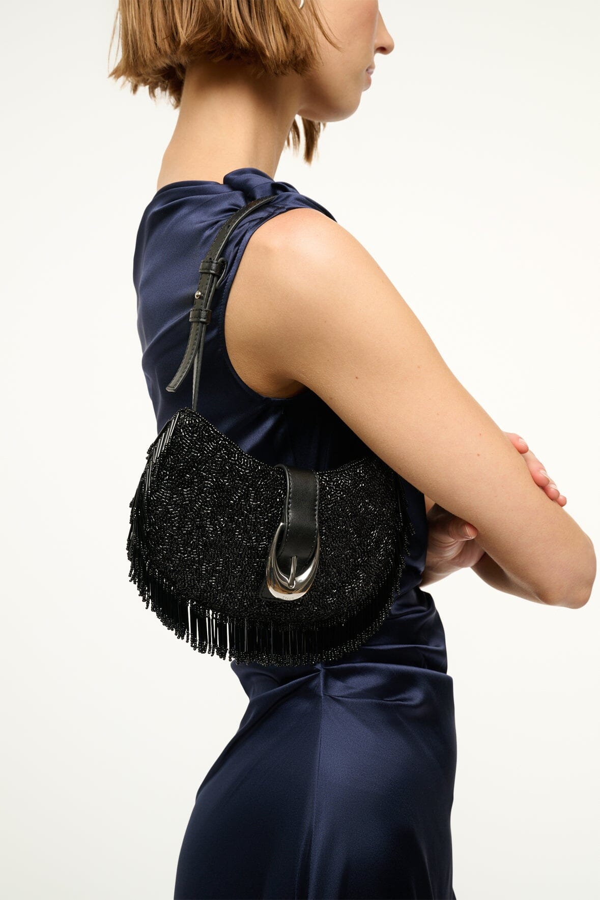 Alana Black Fringe Beaded Shoulder Bag with Moon Buckle