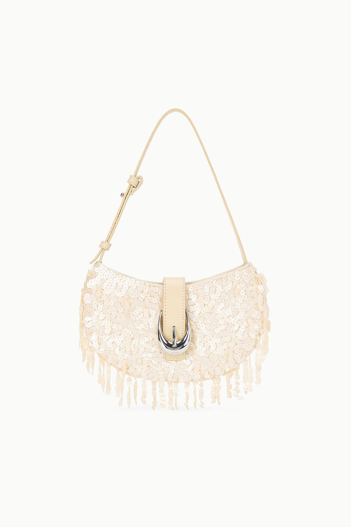 Alana Beaded Crescent Bag with Fringe Trim & Adjustable Strap - Cream