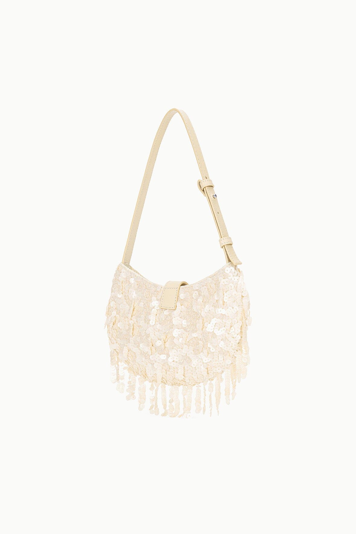 Alana Beaded Crescent Bag with Fringe Trim & Adjustable Strap - Cream