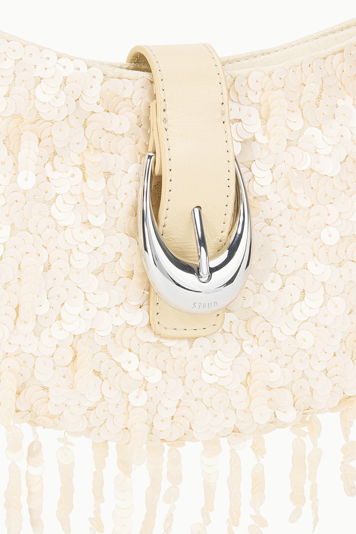 Alana Beaded Crescent Bag with Fringe Trim & Adjustable Strap - Cream