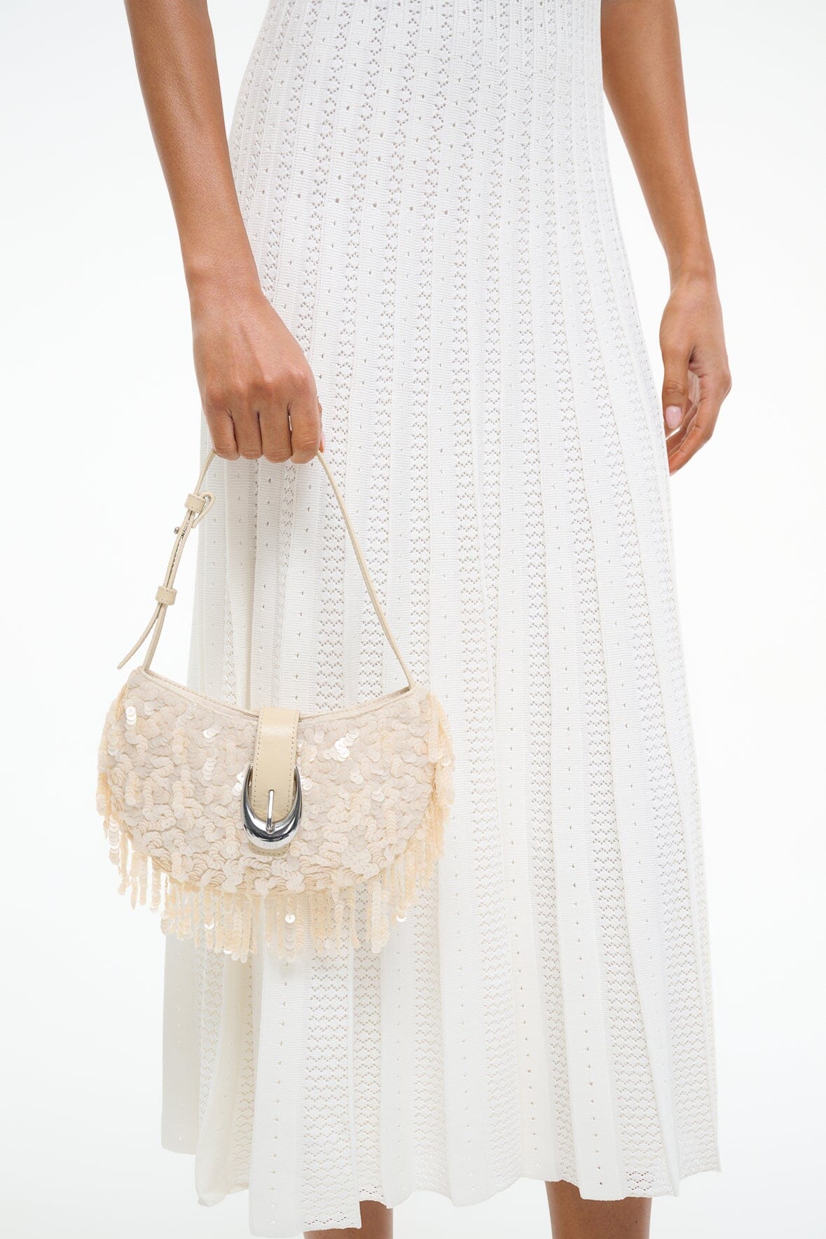 Alana Beaded Crescent Bag with Fringe Trim & Adjustable Strap - Cream