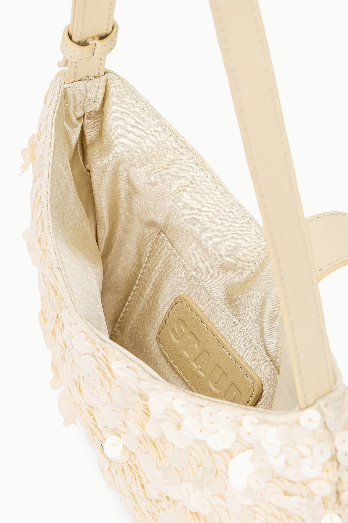 Alana Beaded Crescent Bag with Fringe Trim & Adjustable Strap - Cream