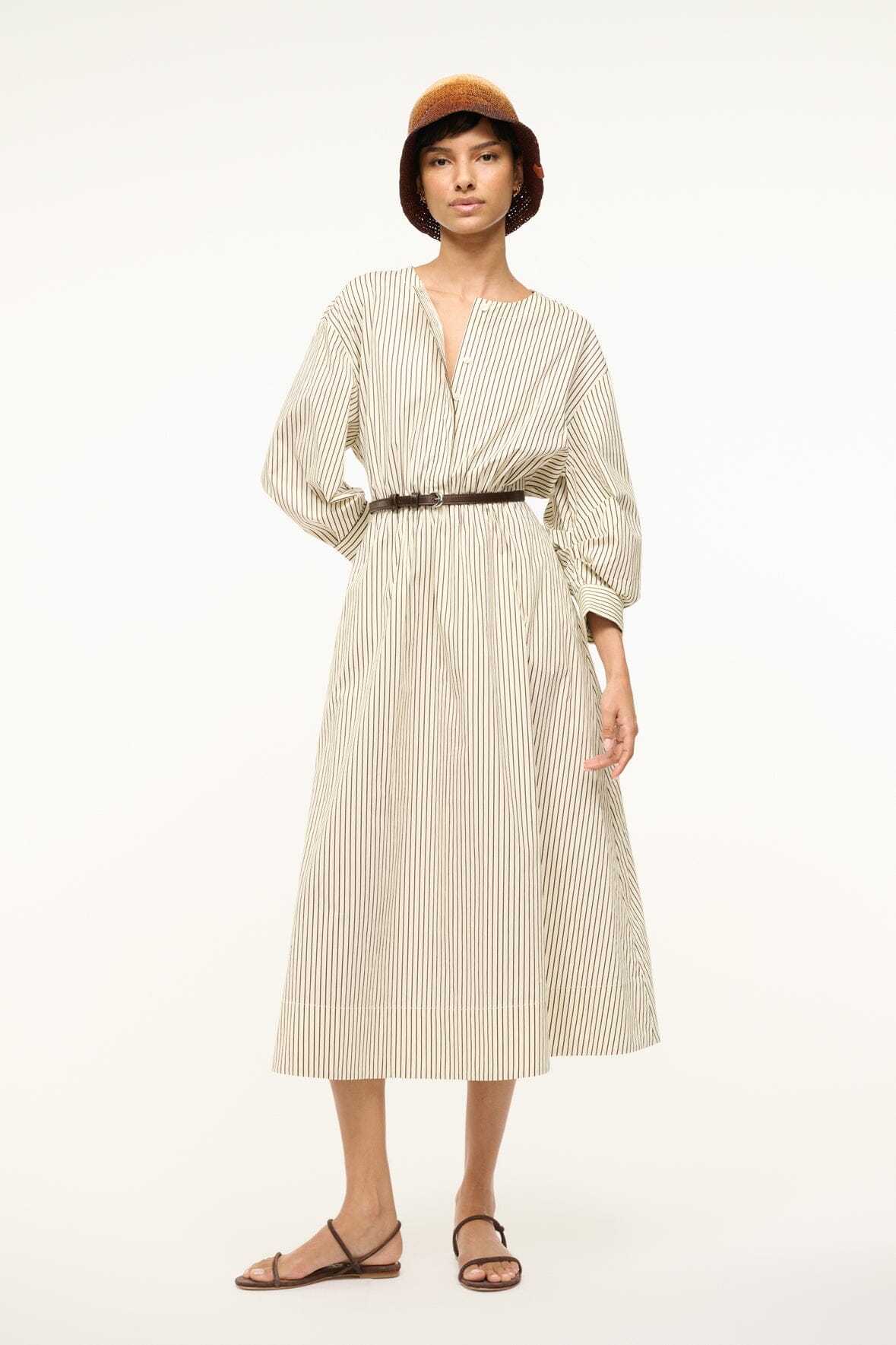 Ivory Dark Oak Striped Cafu Midi Dress with Fitted Waist