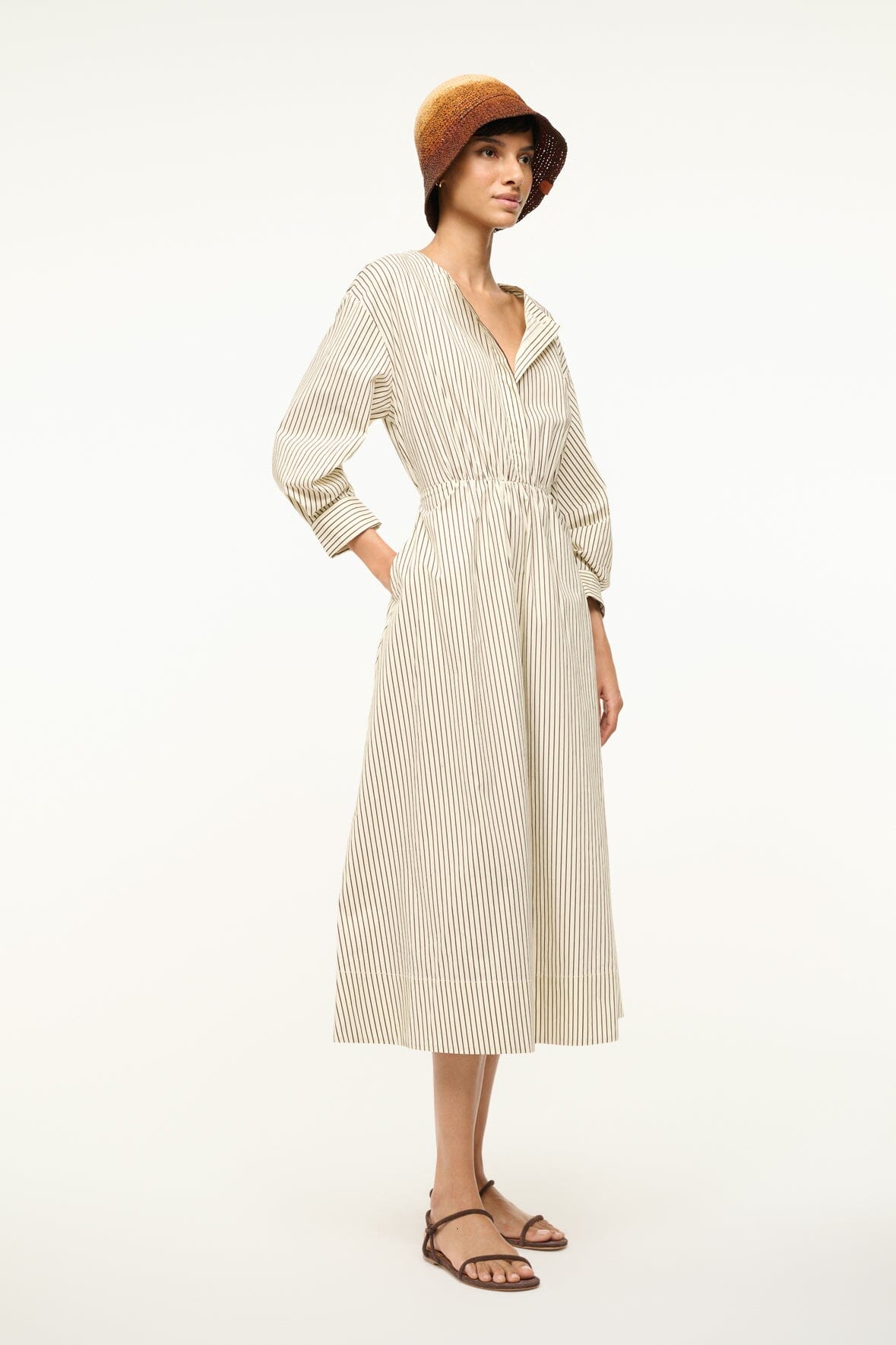 Ivory Dark Oak Striped Cafu Midi Dress with Fitted Waist