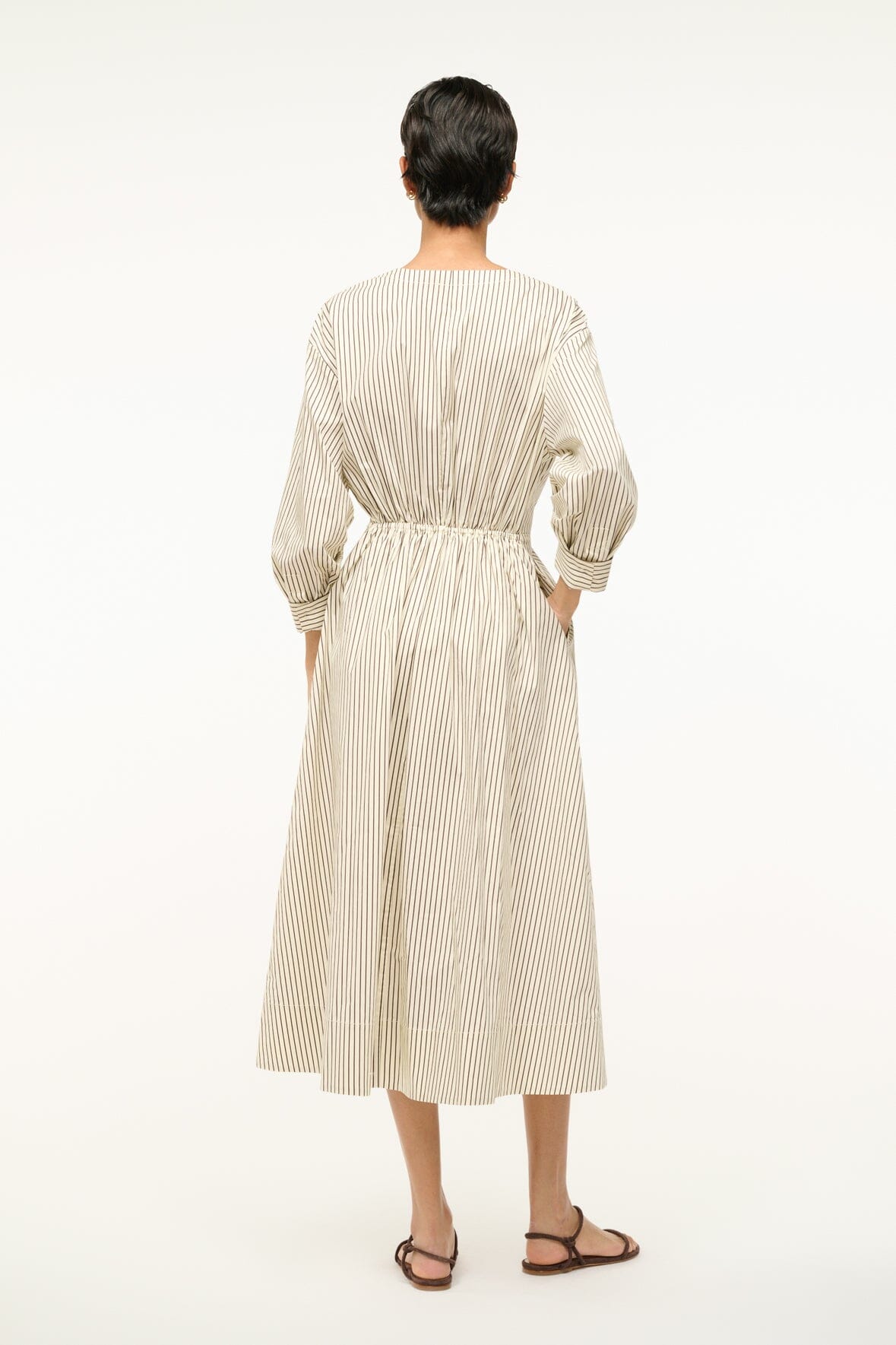 Ivory Dark Oak Striped Cafu Midi Dress with Fitted Waist