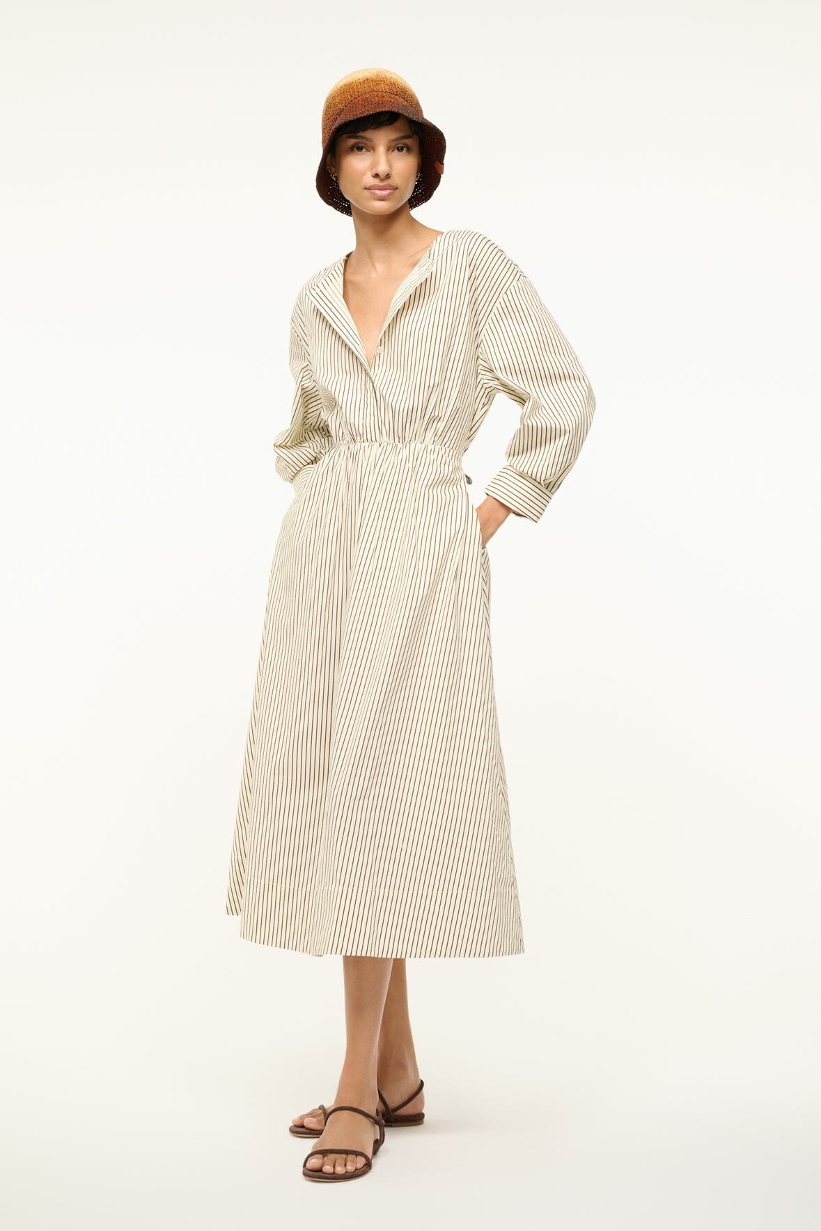 Ivory Dark Oak Striped Cafu Midi Dress with Fitted Waist