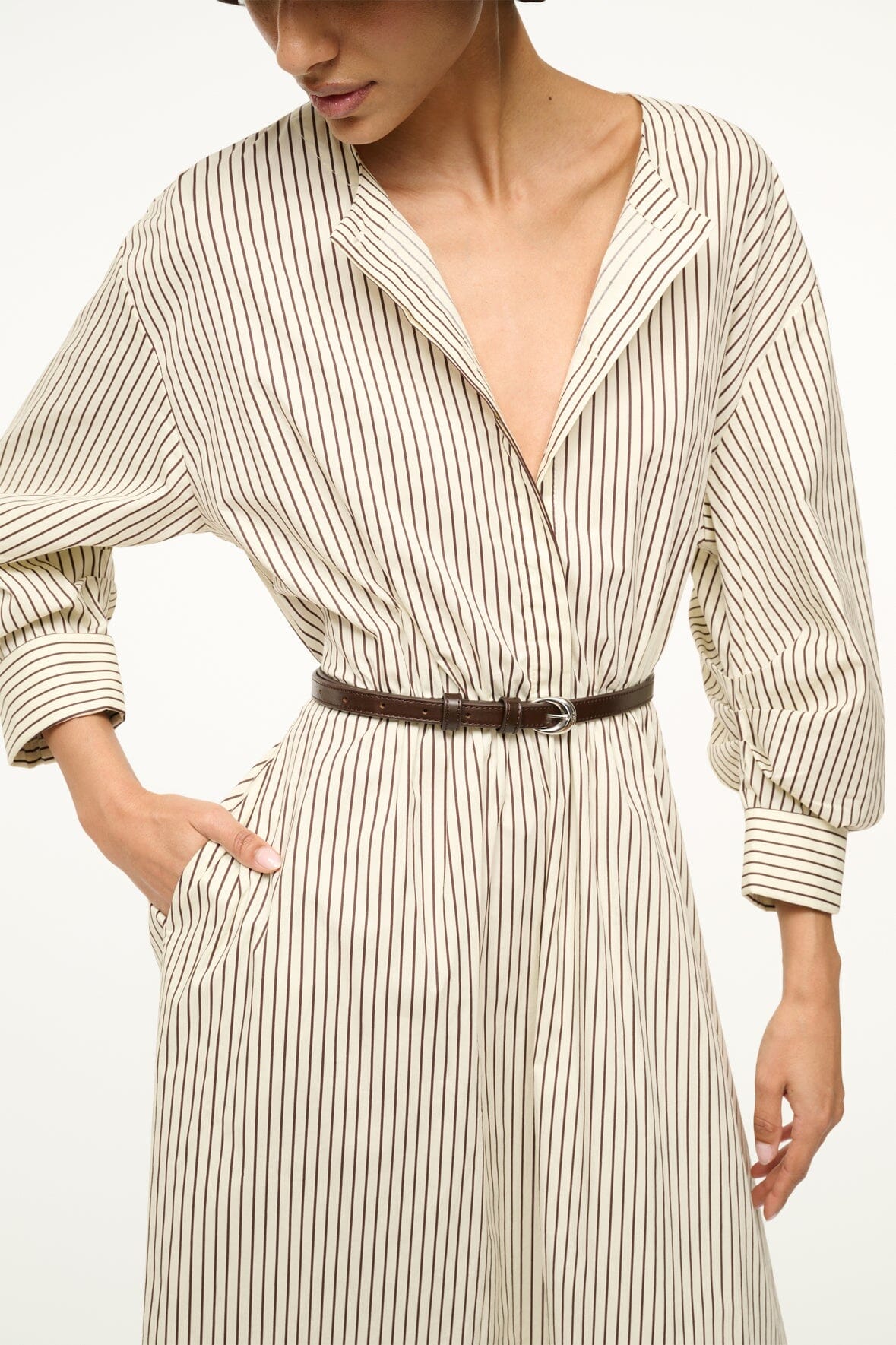 Ivory Dark Oak Striped Cafu Midi Dress with Fitted Waist