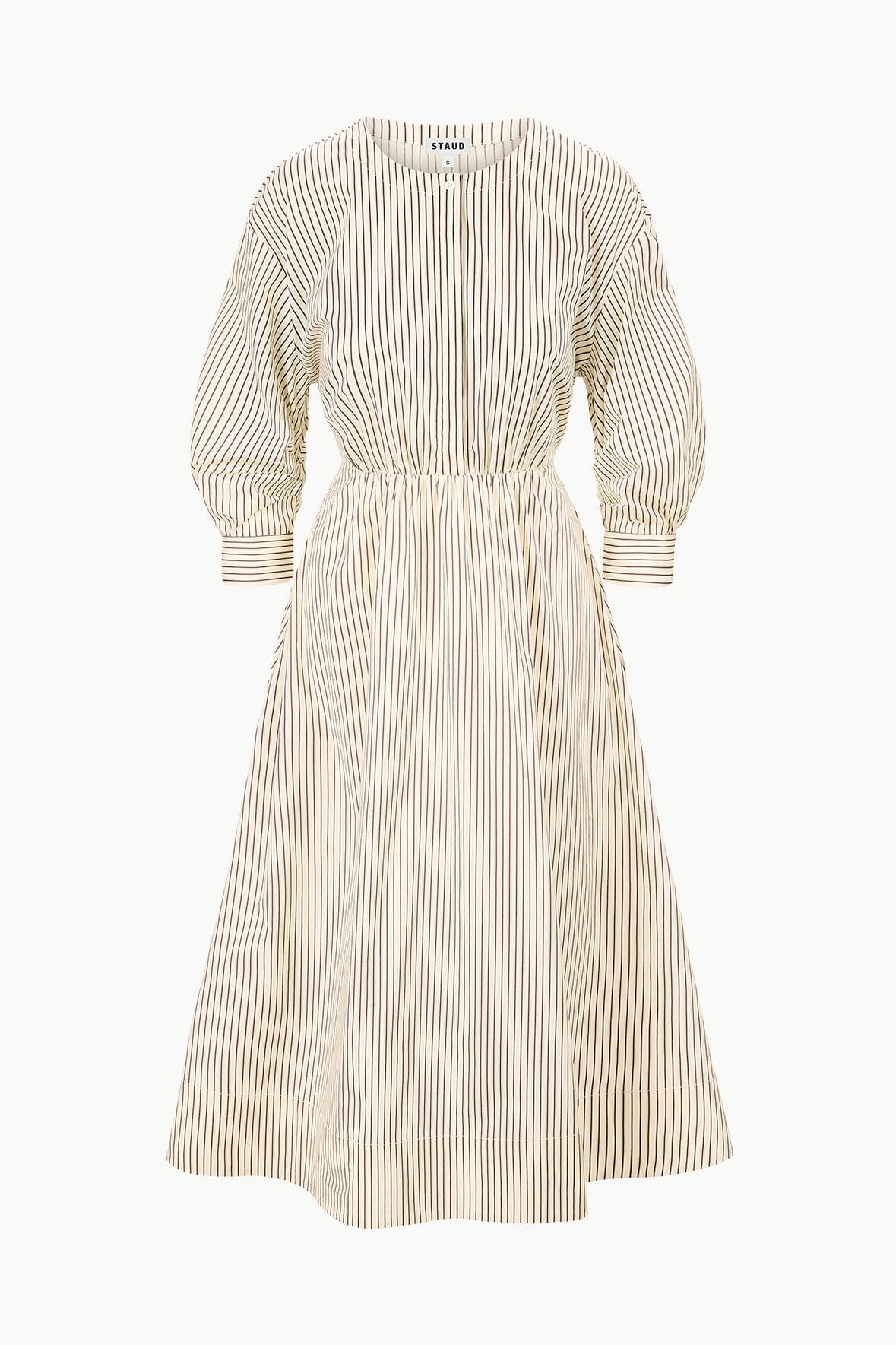 Ivory Dark Oak Striped Cafu Midi Dress with Fitted Waist