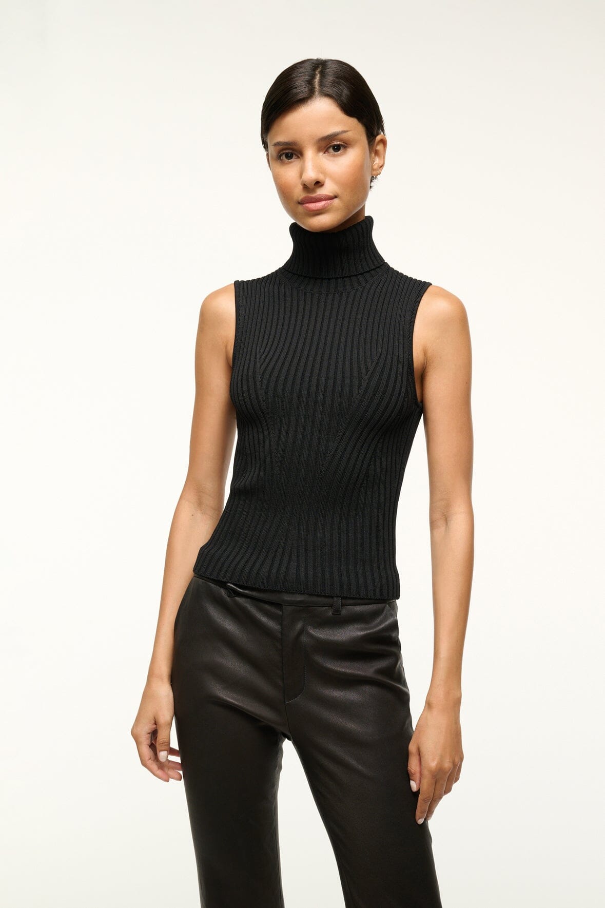 Black Sleeveless Turtleneck Top - Callum Rib Knit