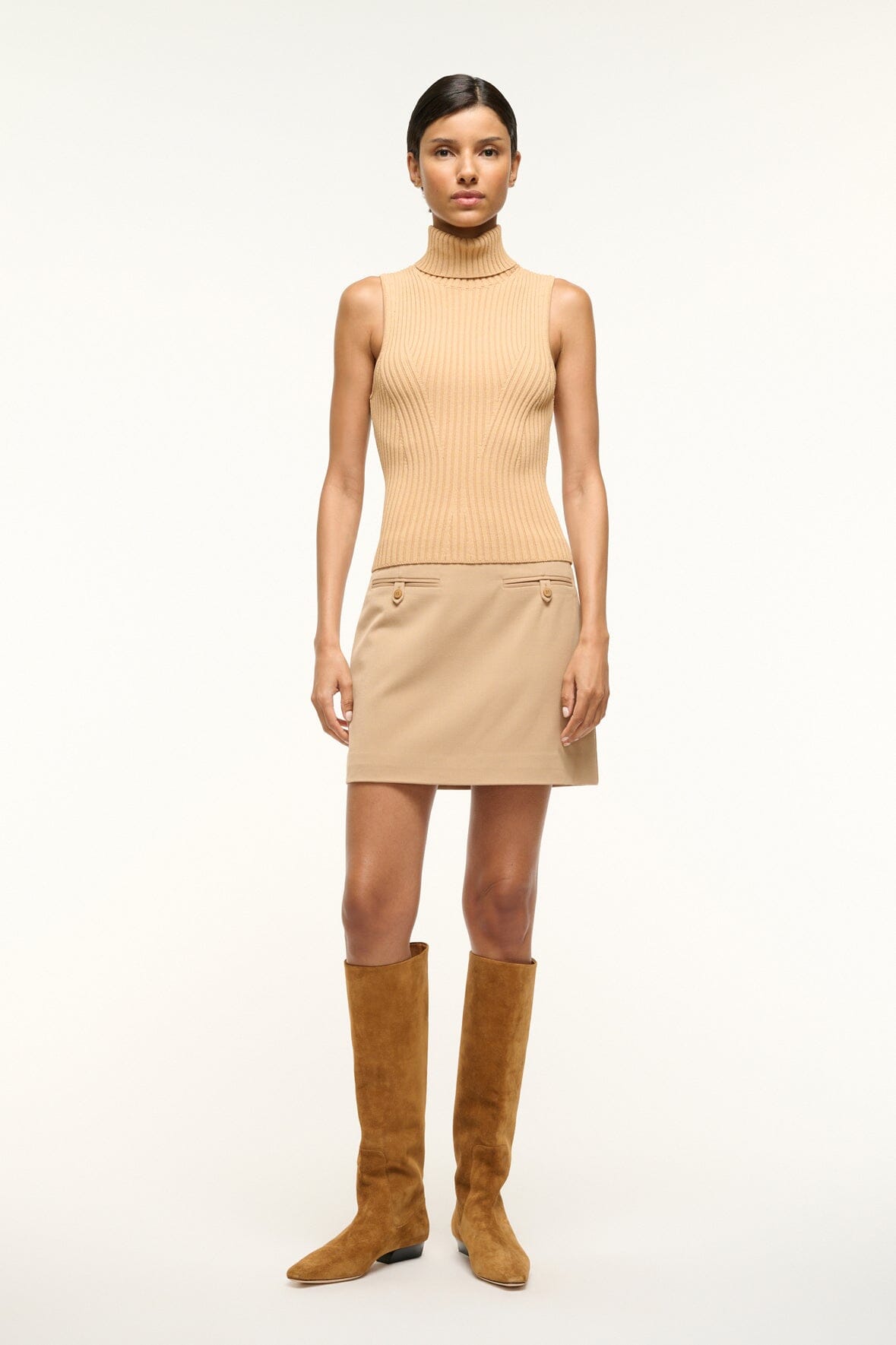 Callum Rib Knit Sleeveless Turtleneck Top in Camel