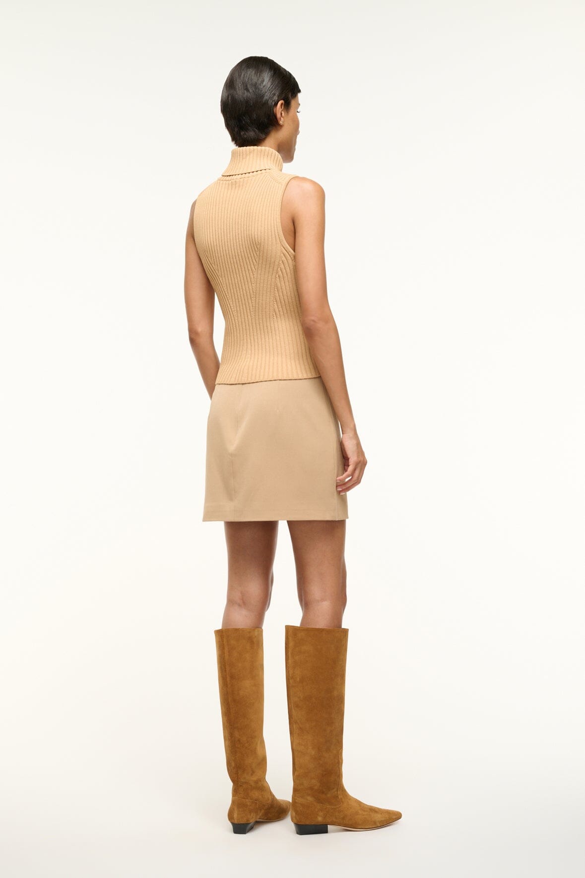 Callum Rib Knit Sleeveless Turtleneck Top in Camel