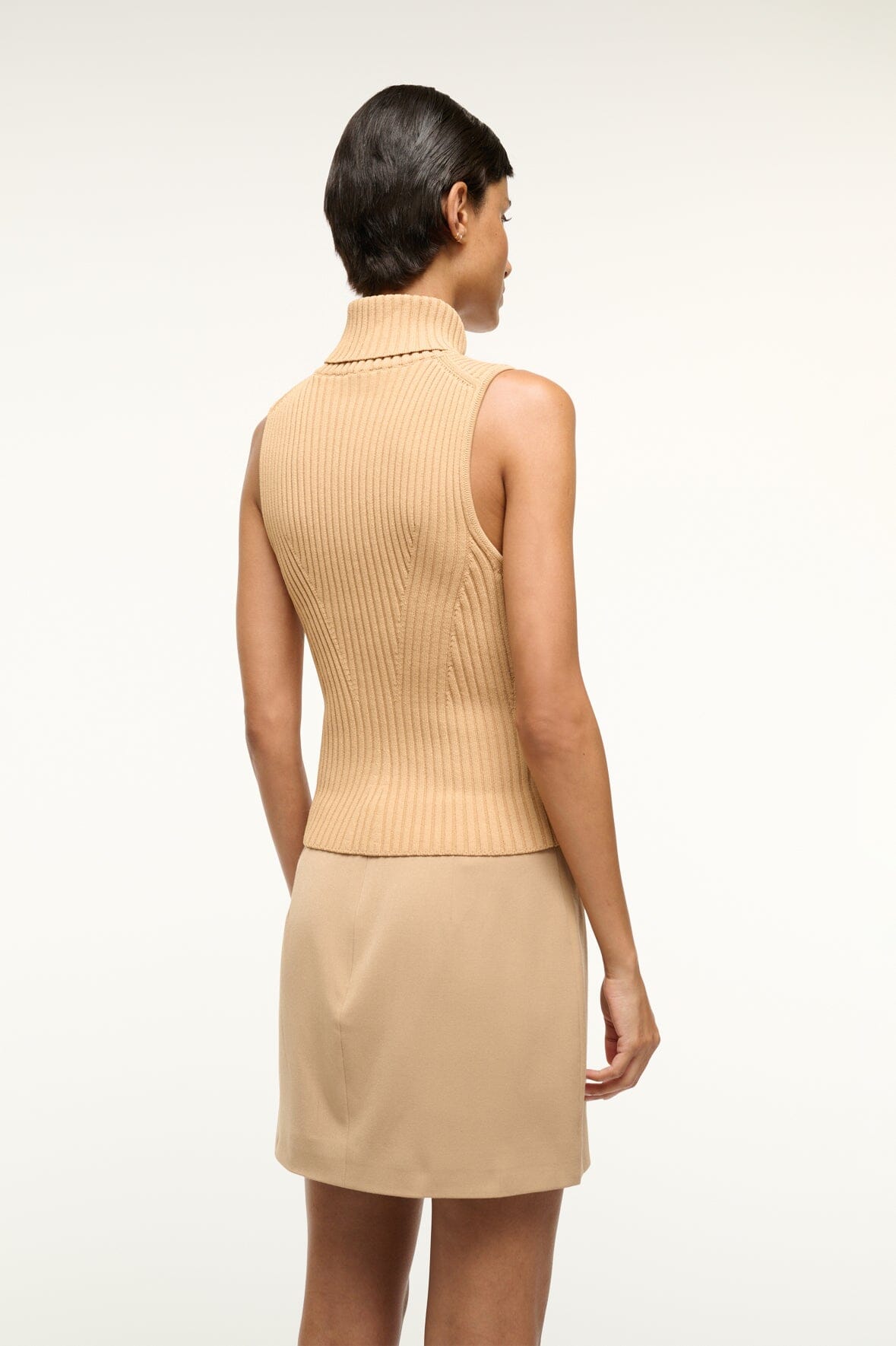 Callum Rib Knit Sleeveless Turtleneck Top in Camel