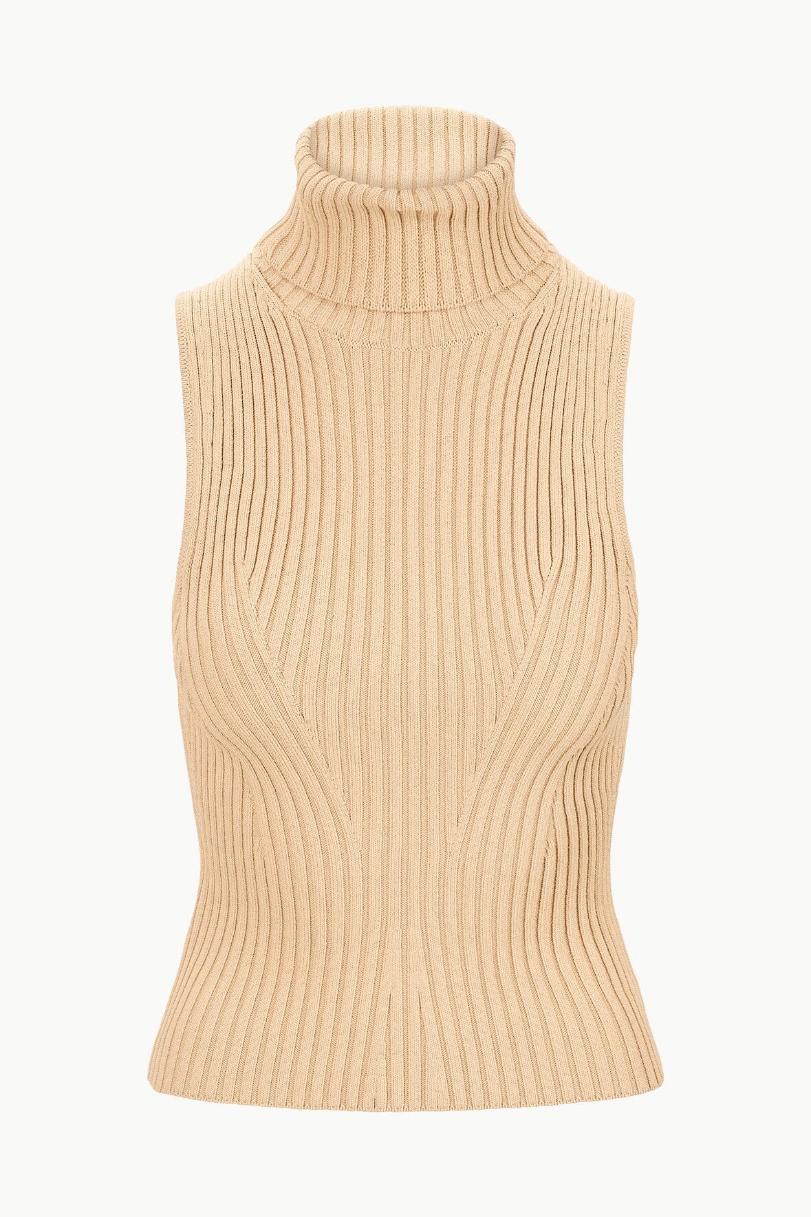 Callum Rib Knit Sleeveless Turtleneck Top in Camel