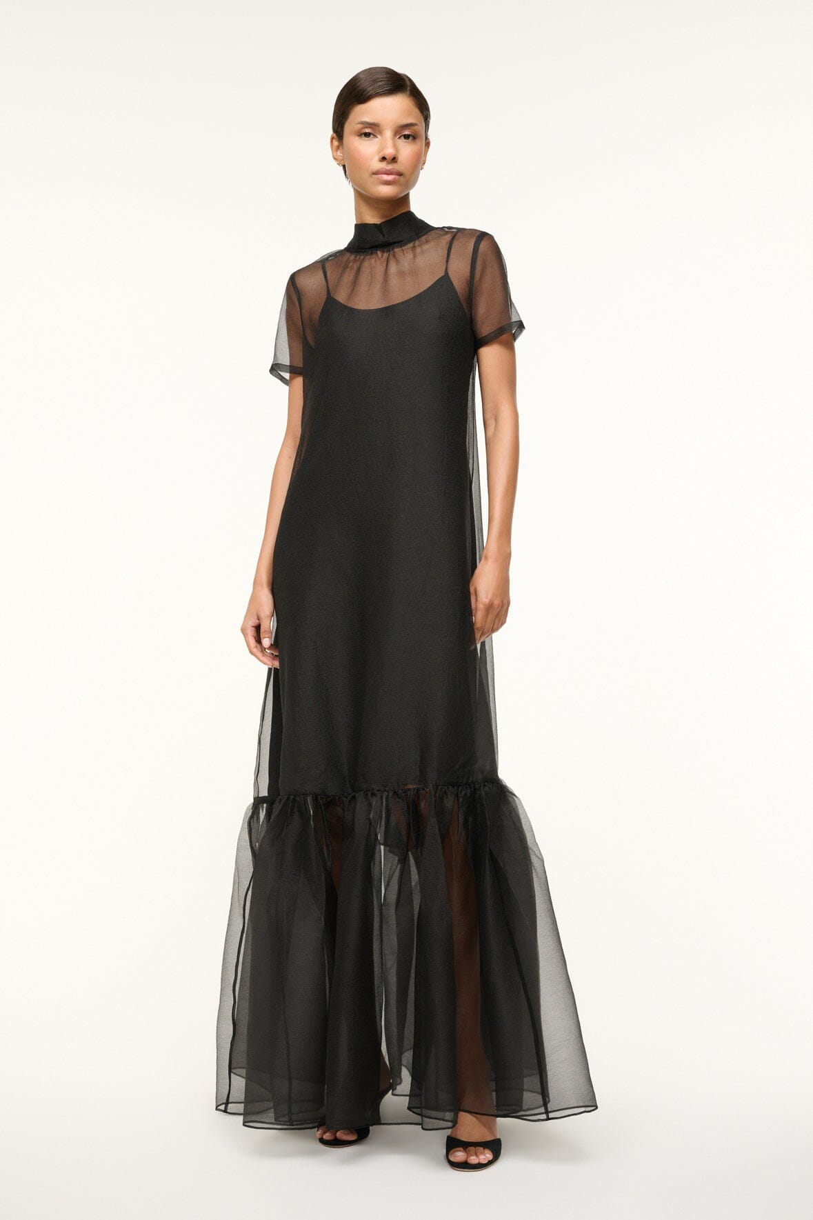 Black Calluna Organza Dress with High Neck & Ruffle Hem