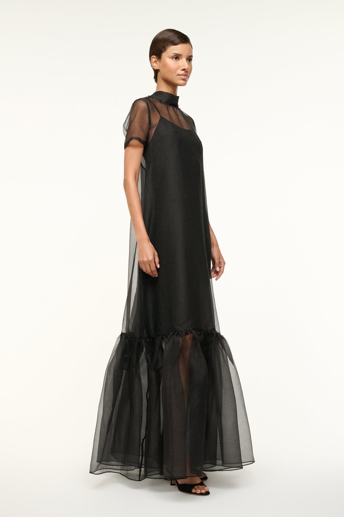 Black Calluna Organza Dress with High Neck & Ruffle Hem