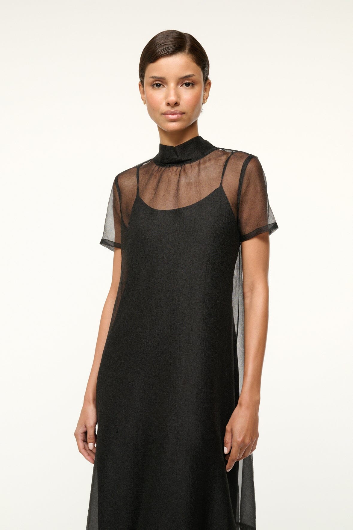 Black Calluna Organza Dress with High Neck & Ruffle Hem