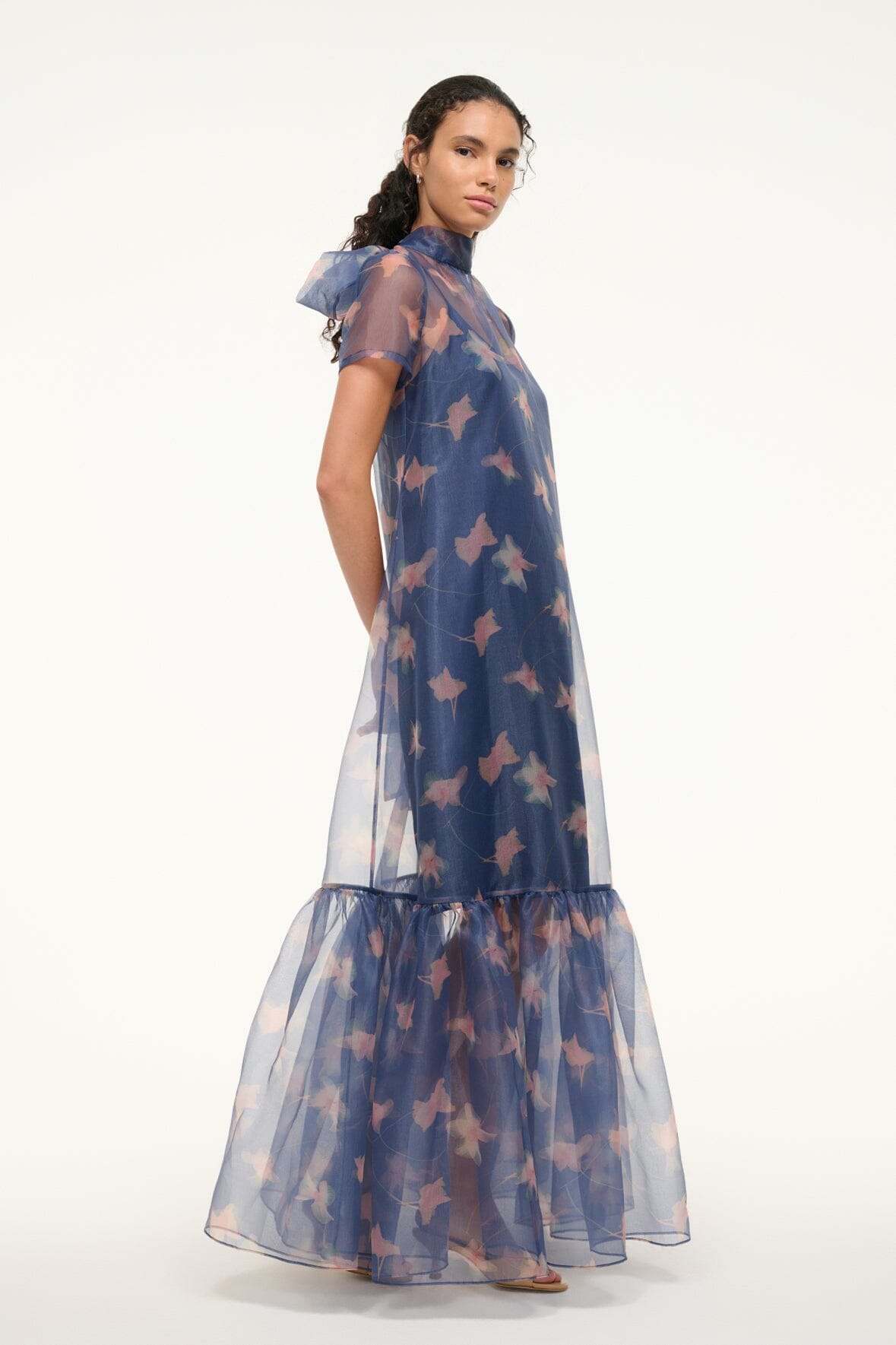 Calluna Botanical Navy Organza Gown with Tiered Ruffle Hem