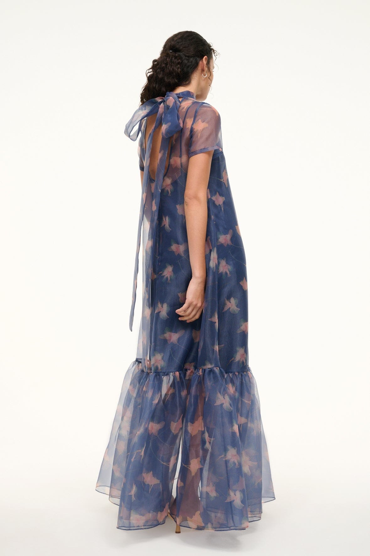 Calluna Botanical Navy Organza Gown with Tiered Ruffle Hem