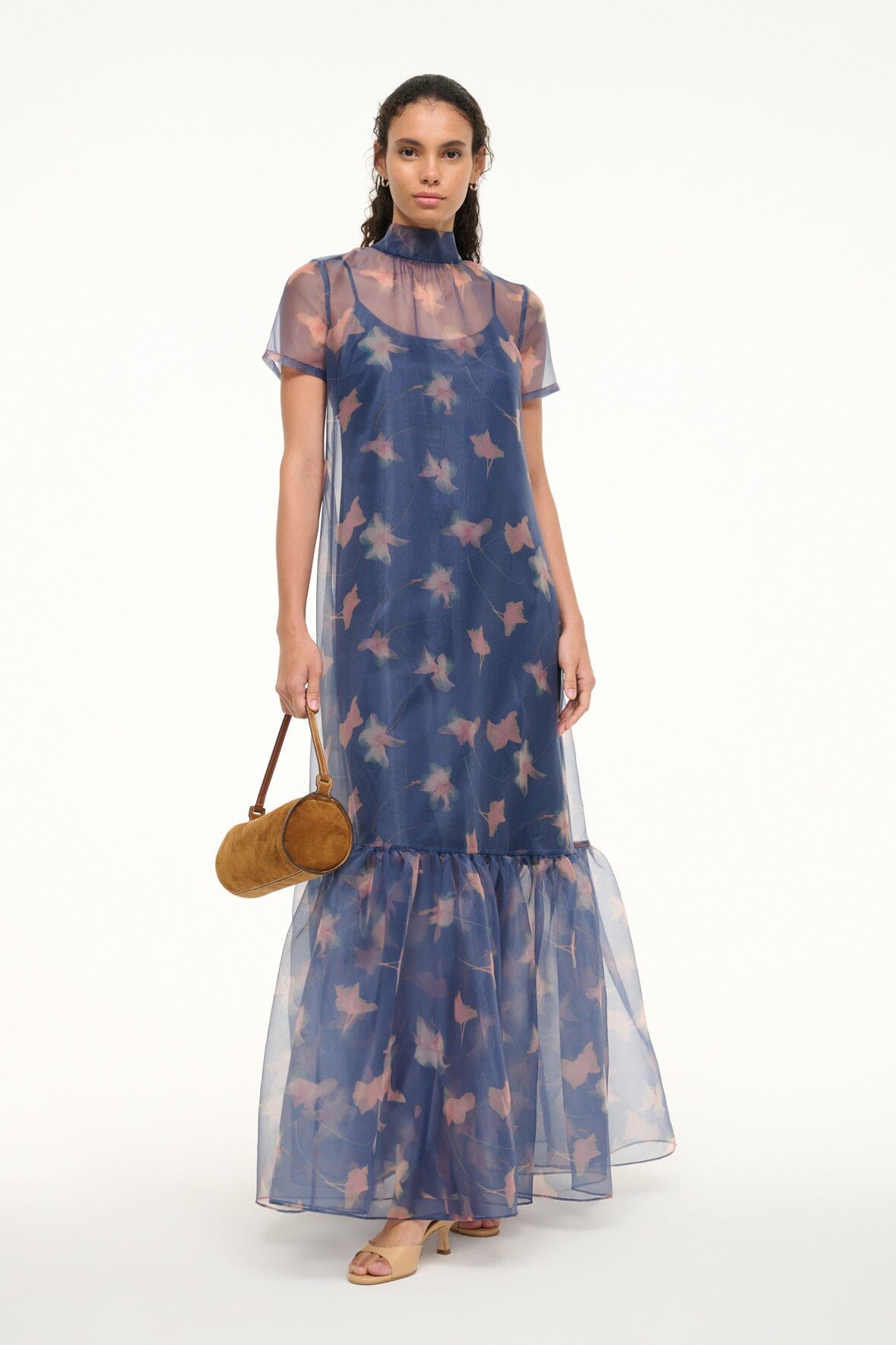 Calluna Botanical Navy Organza Gown with Tiered Ruffle Hem