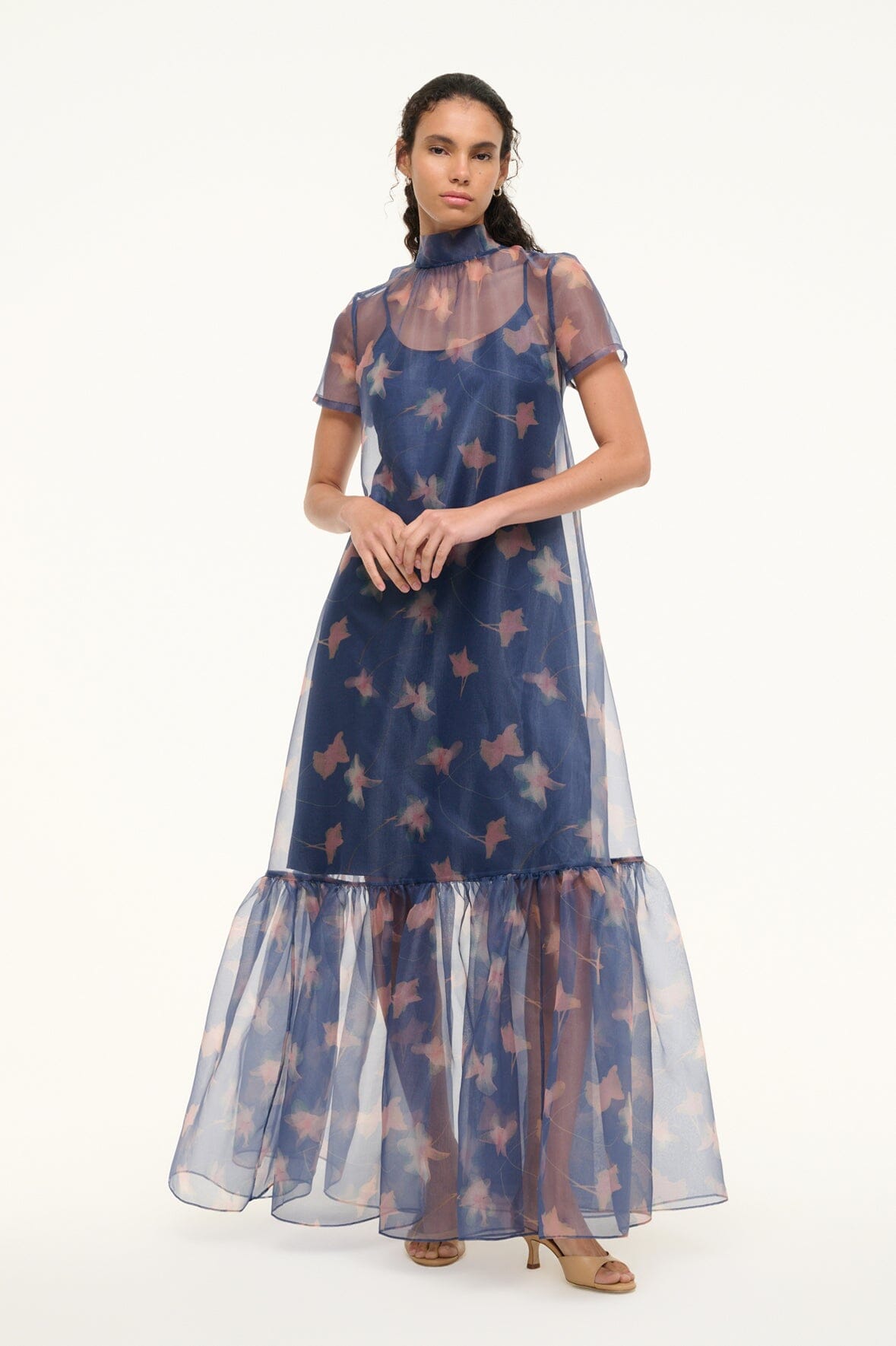 Calluna Botanical Navy Organza Gown with Tiered Ruffle Hem