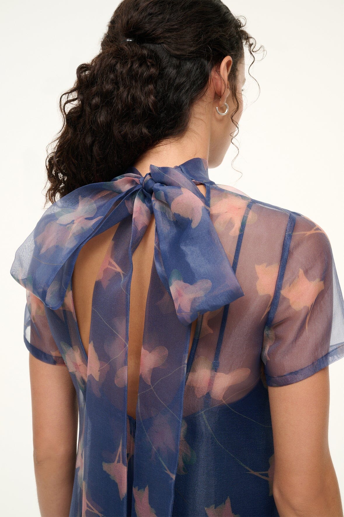 Calluna Botanical Navy Organza Gown with Tiered Ruffle Hem