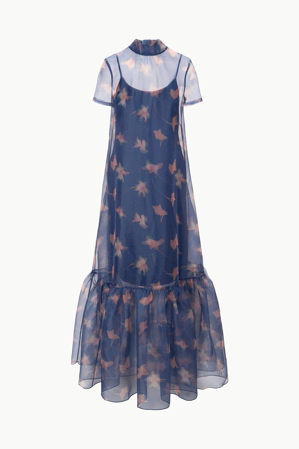 Calluna Botanical Navy Organza Gown with Tiered Ruffle Hem
