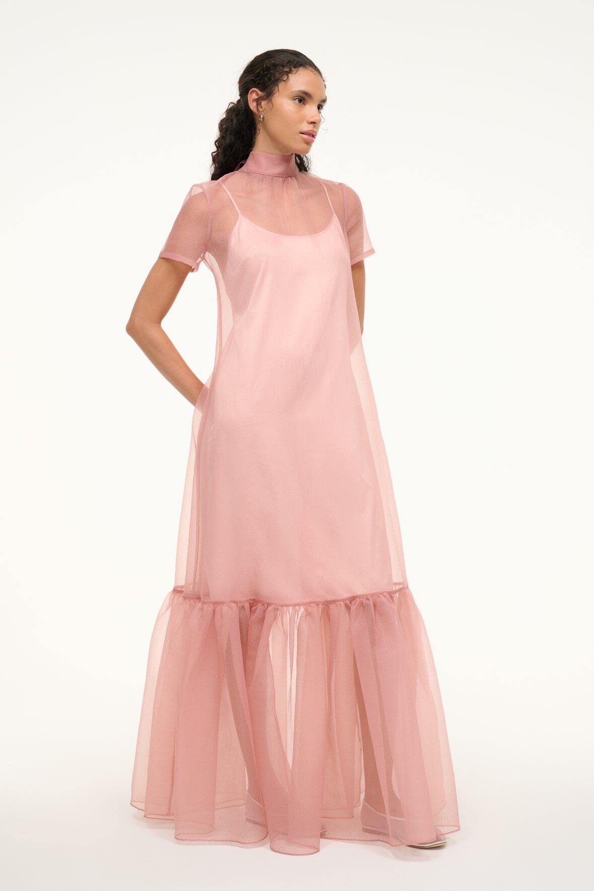 Calluna High Neck Organza Dress with Tiered Ruffle Hem - Misty Rose