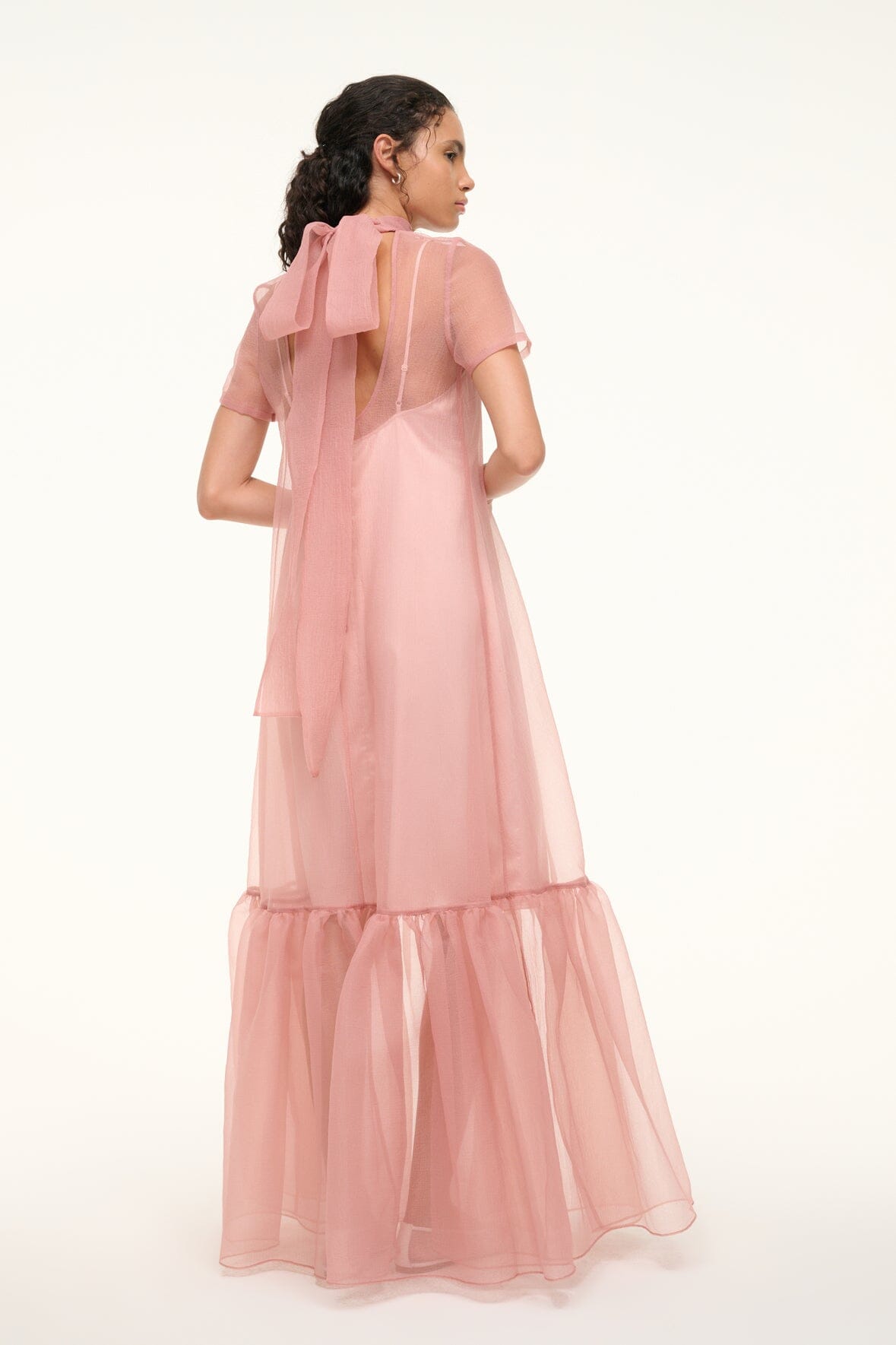 Calluna High Neck Organza Dress with Tiered Ruffle Hem - Misty Rose