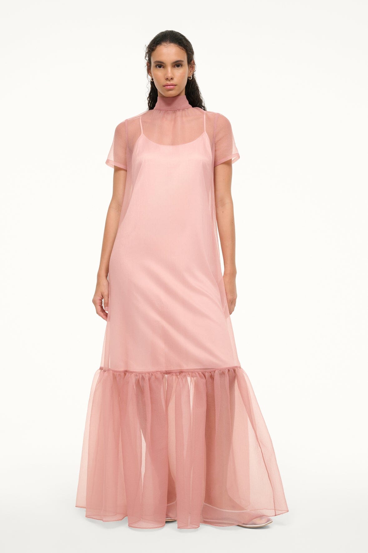 Calluna High Neck Organza Dress with Tiered Ruffle Hem - Misty Rose