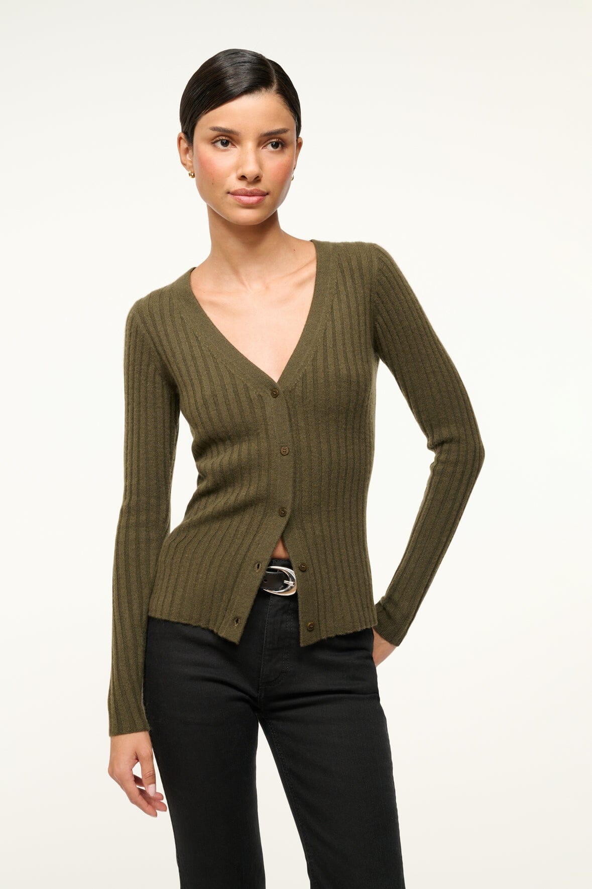 Luxury Cashmere Cardigan Sweater in Dark Olive | Cargo Knit
