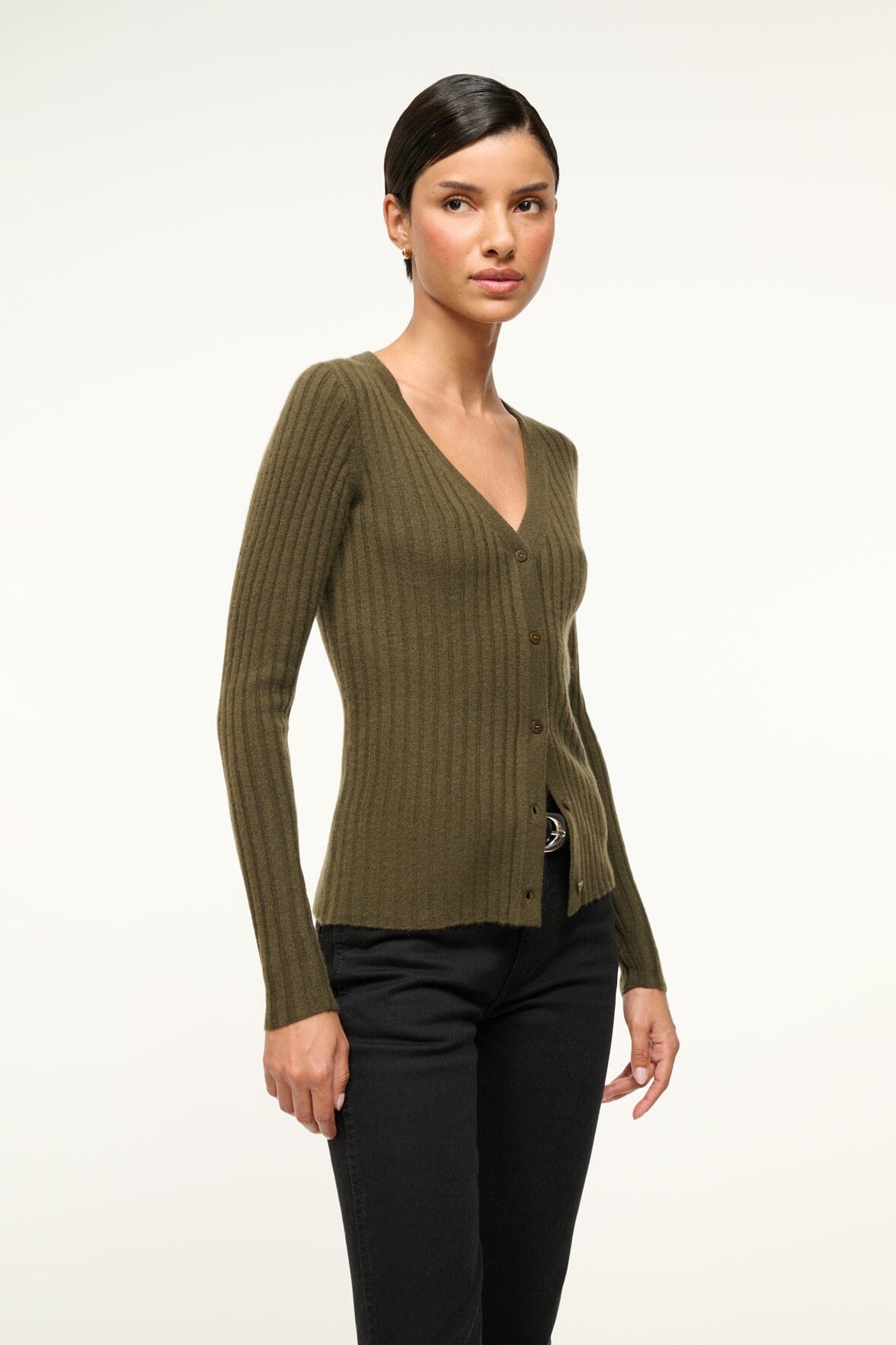Luxury Cashmere Cardigan Sweater in Dark Olive | Cargo Knit