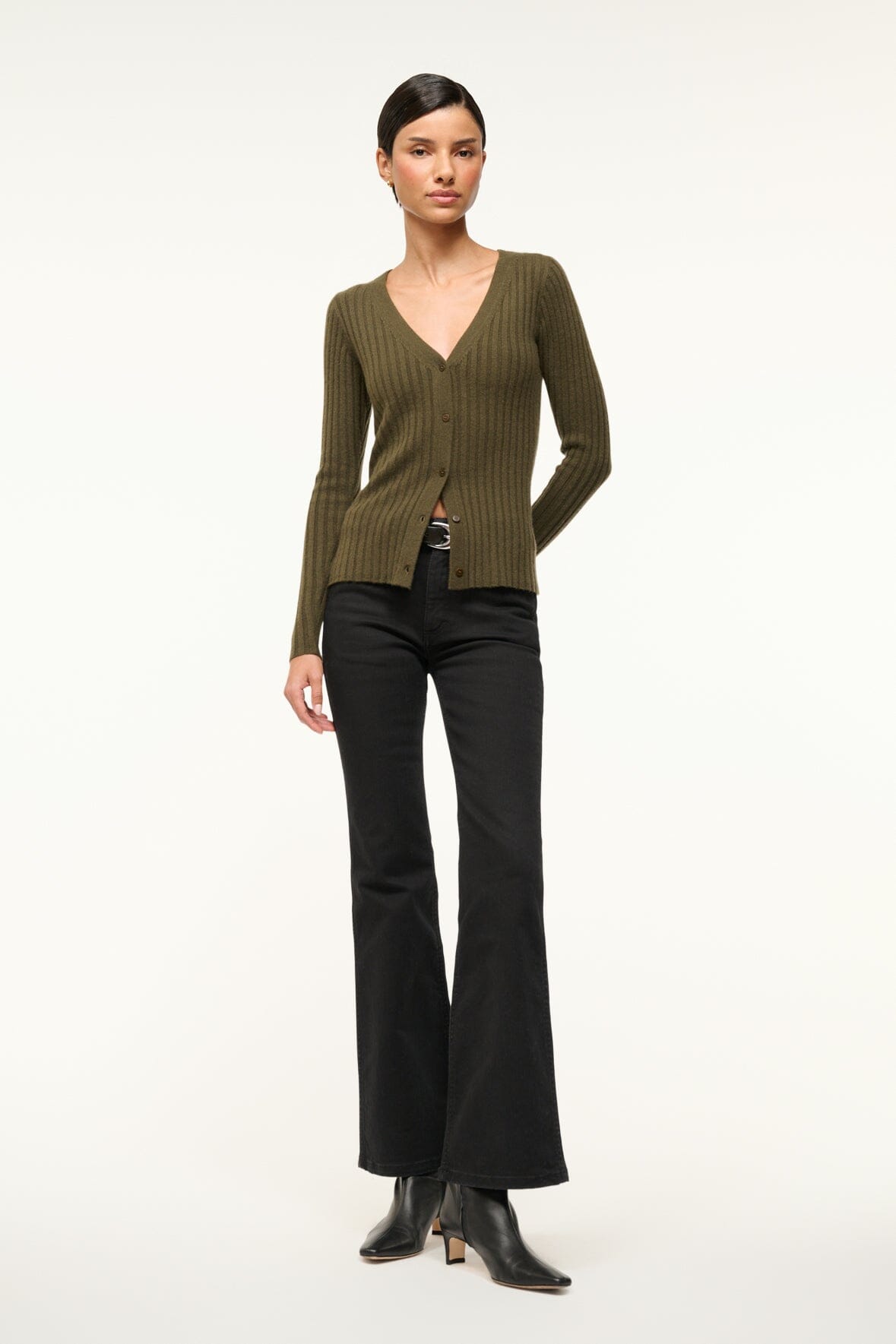Luxury Cashmere Cardigan Sweater in Dark Olive | Cargo Knit