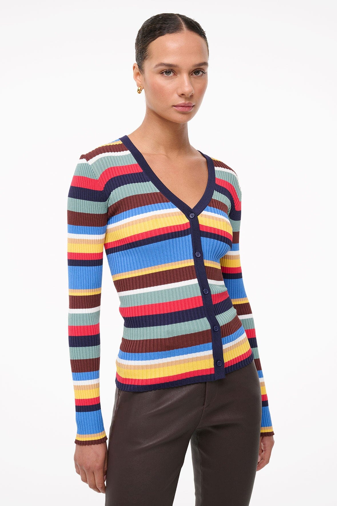 Women's Striped Cargo Sweater Cardigan - Stretchy Rib Knit