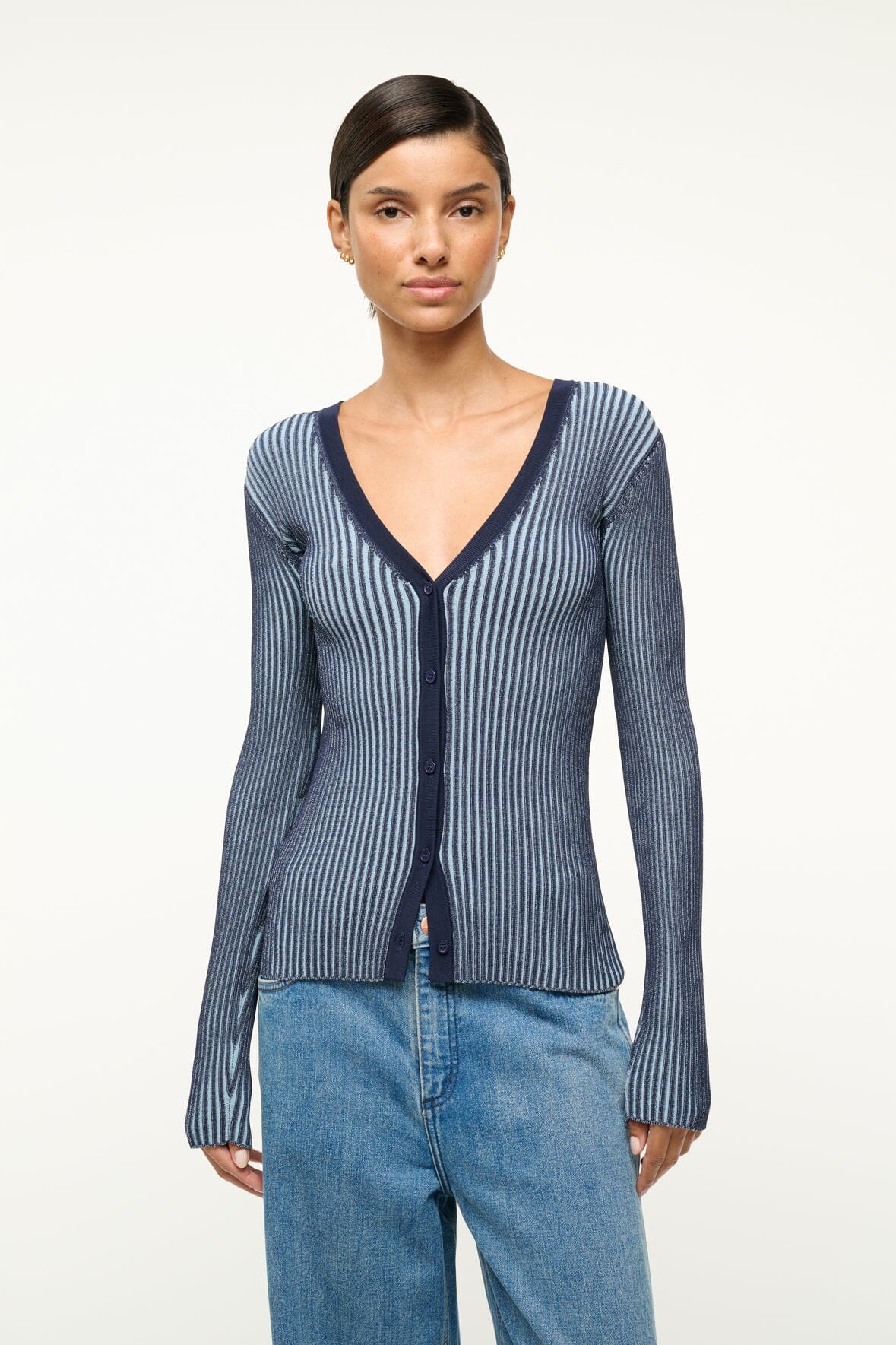 Women's Navy Blue Cargo Sweater Cardigan - Stretchy Rib Knit