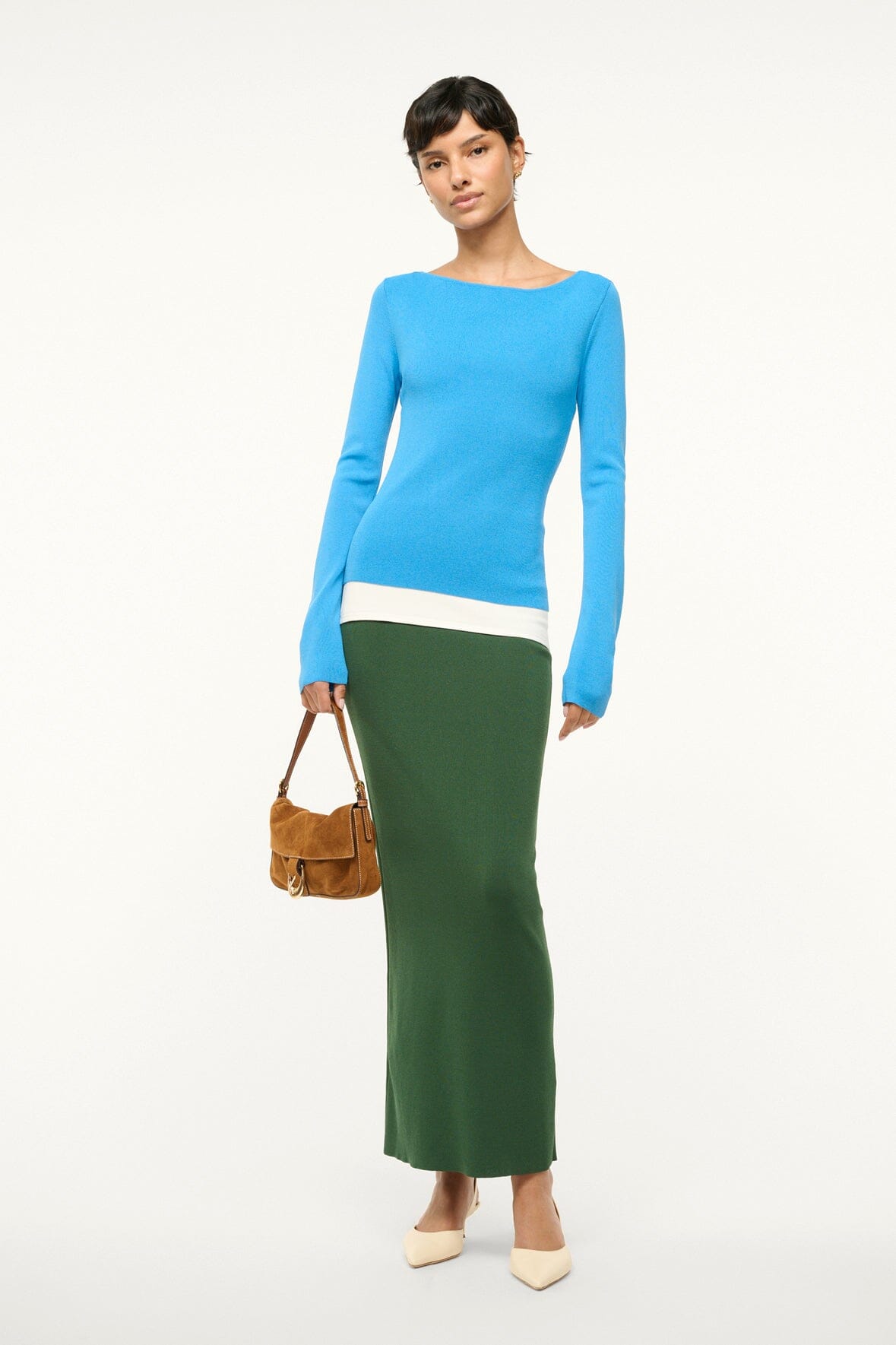 Carilo Ivory Boat Neck Maxi Dress - Fitted Long Sleeve Compact Knit