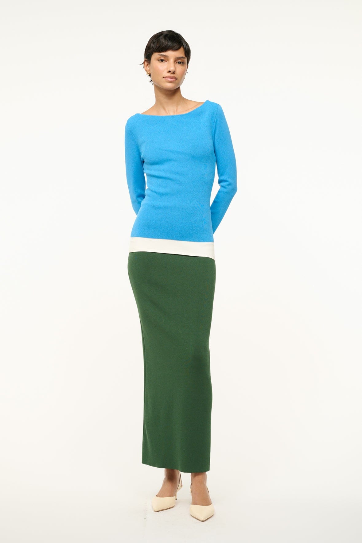 Carilo Ivory Boat Neck Maxi Dress - Fitted Long Sleeve Compact Knit
