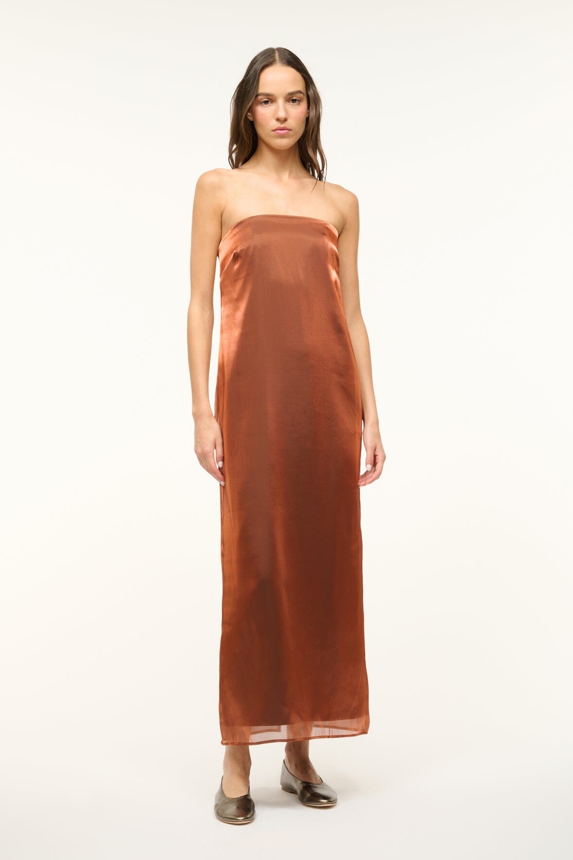 Iridescent Cacao Casey Strapless Organza Dress with Back Slit