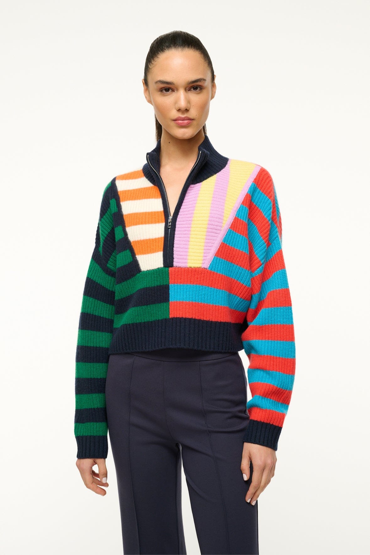 Cashmere Cropped Sweater with Half-Zip & Cabana Stripe