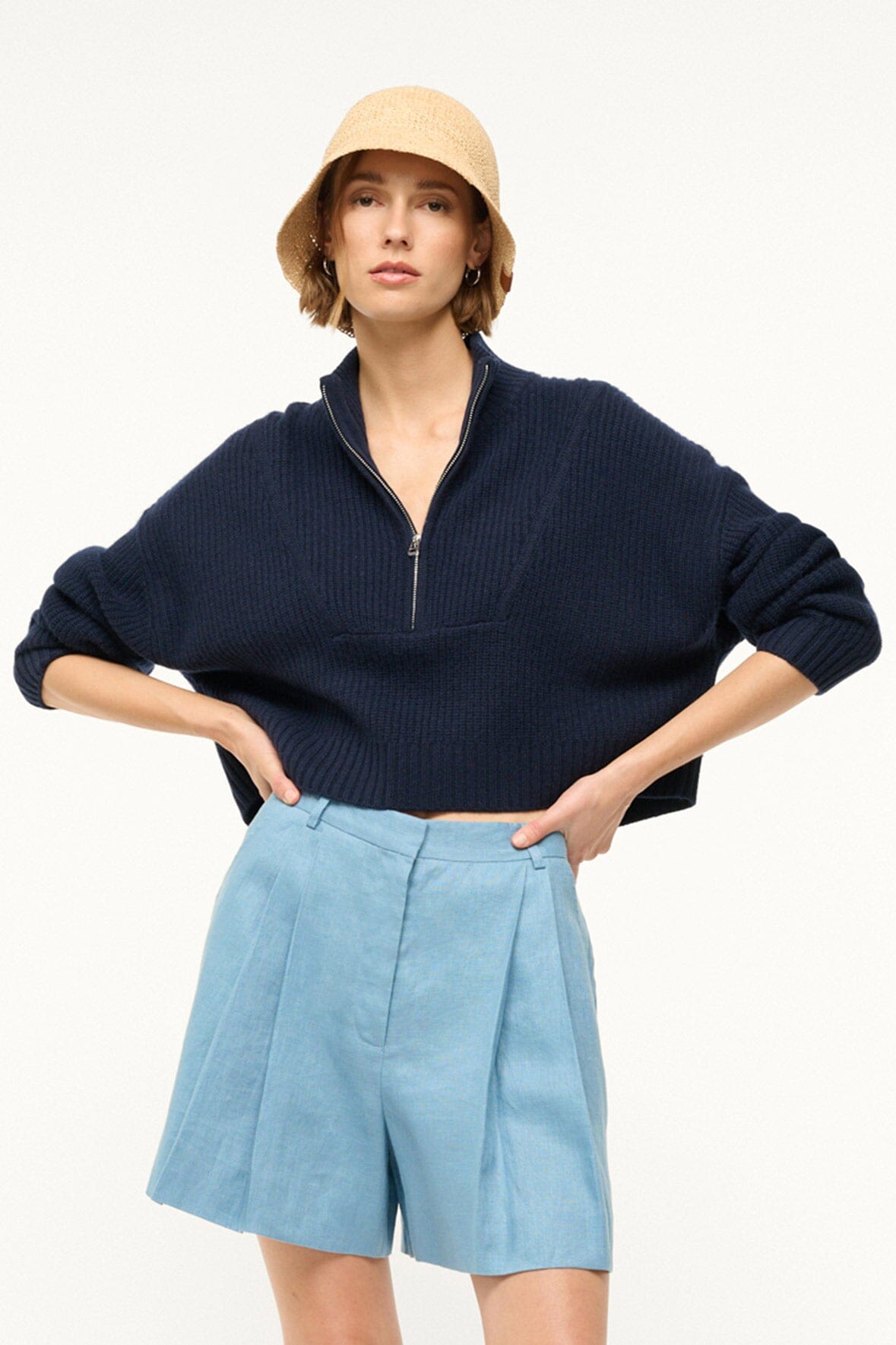 Cashmere Cropped Sweater with Half-Zip Detail | Navy Hampton
