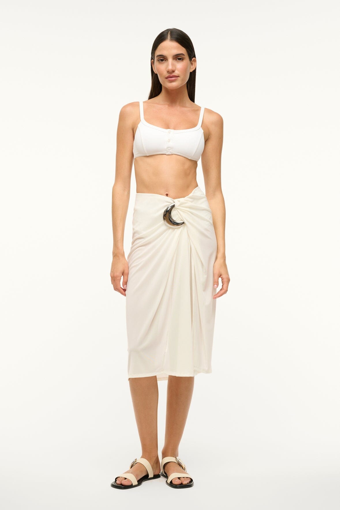 Chiara White Mesh Coverup Skirt with Buckle Detail