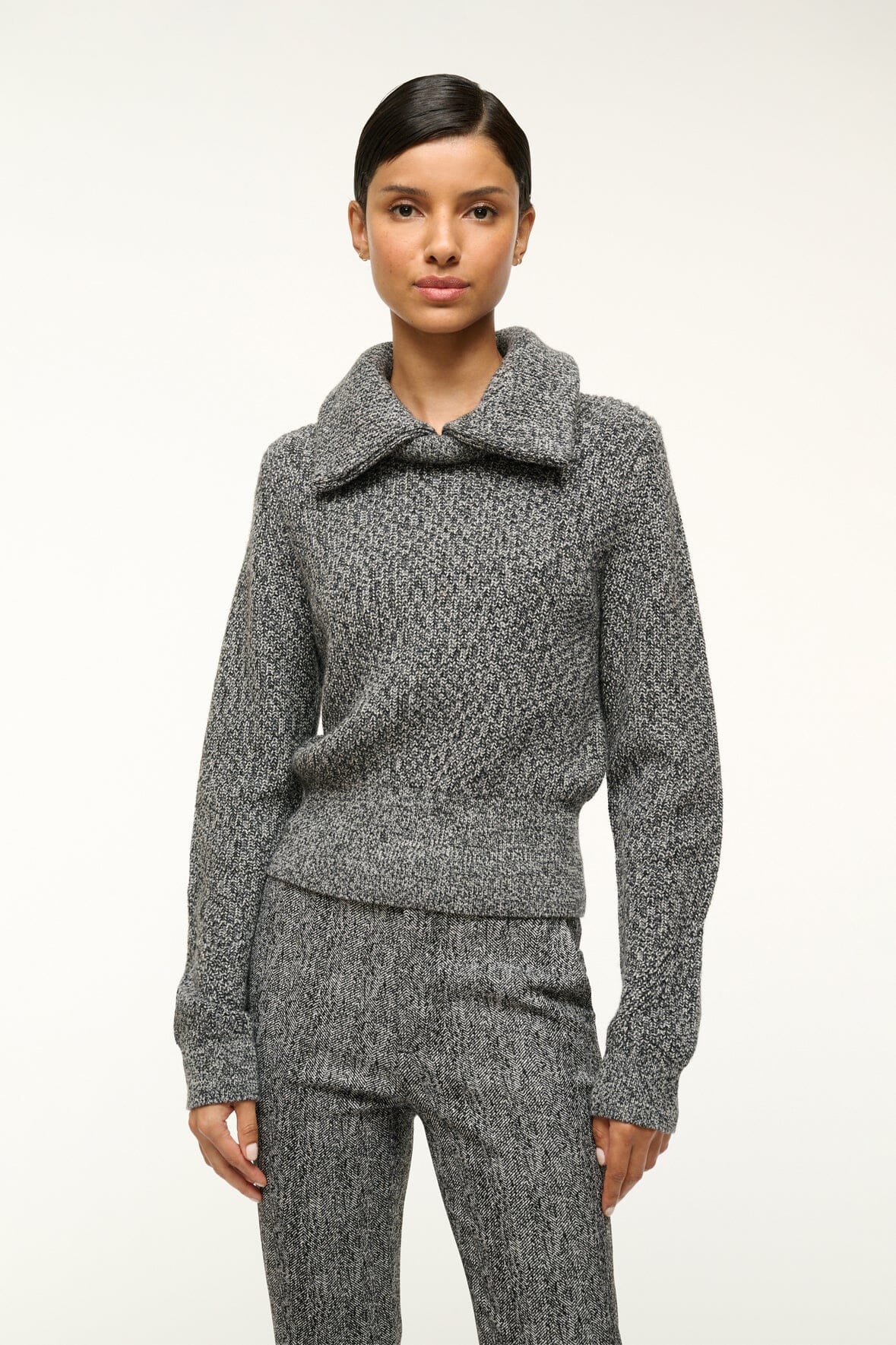 Christopher Chunky Knit Sweater with Double Collar - Black Melange