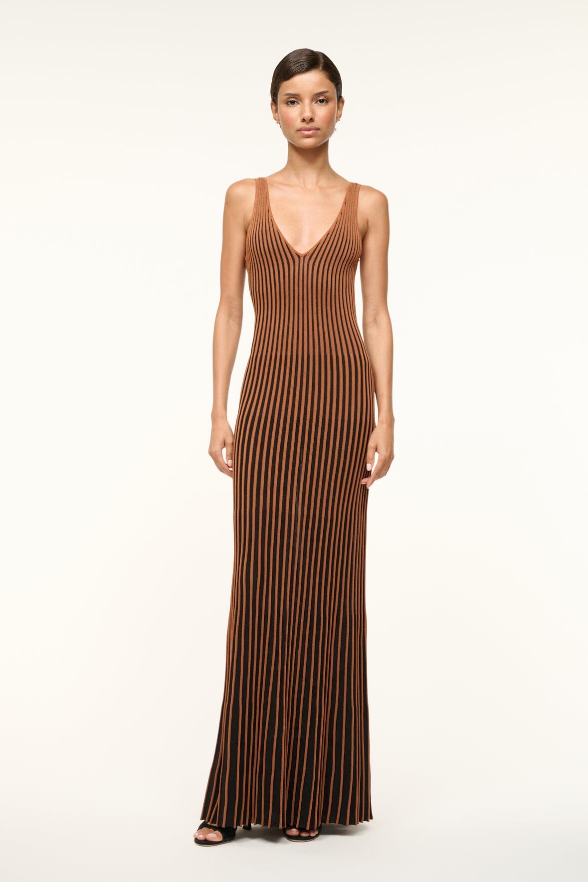 Claretta Sleeveless Maxi Dress - V Neck Pleated Rib Knit in Tan & Black