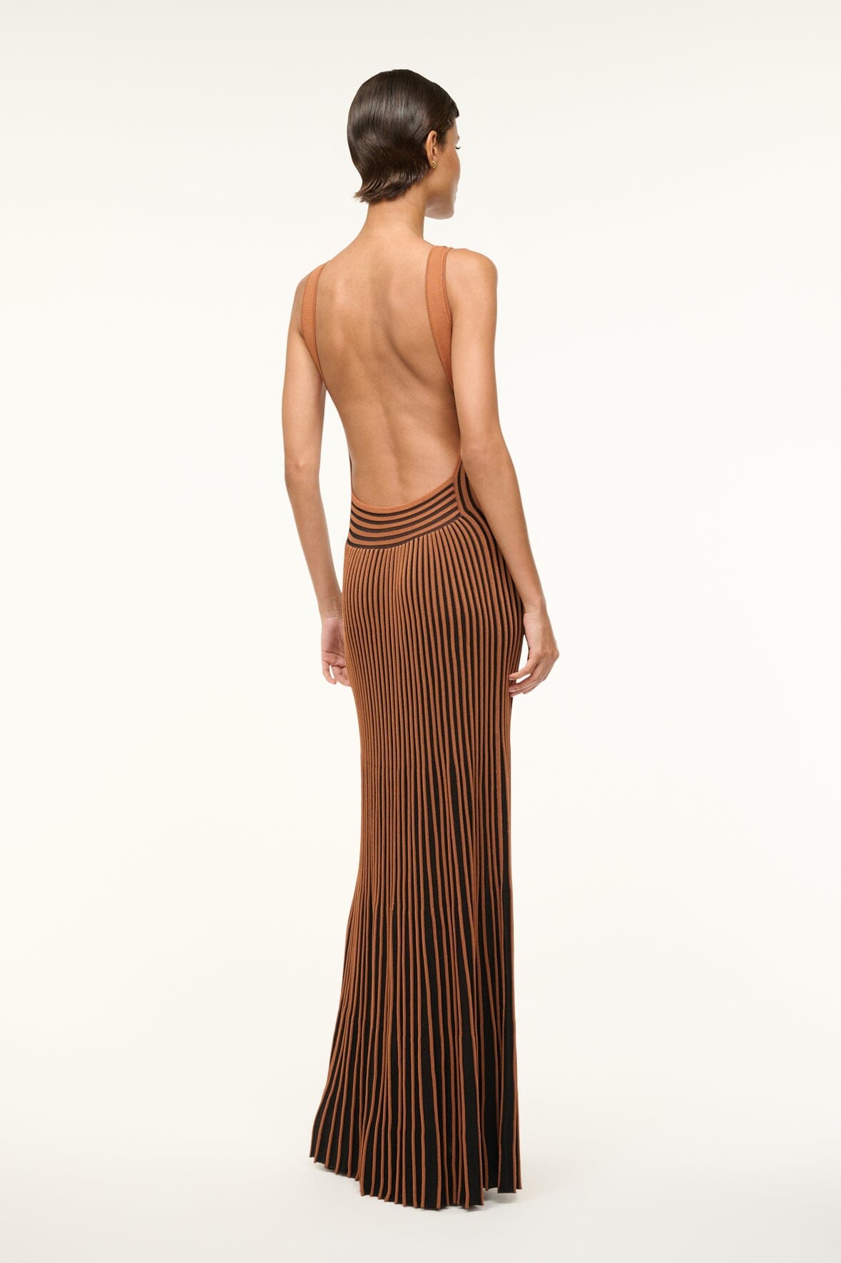 Claretta Sleeveless Maxi Dress - V Neck Pleated Rib Knit in Tan & Black
